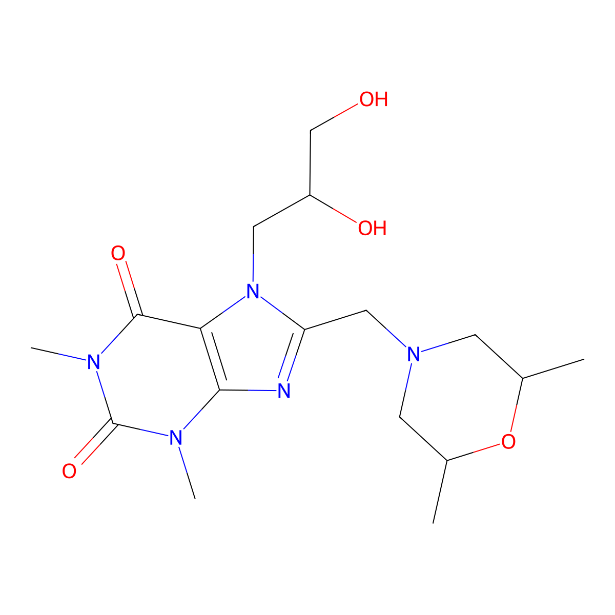7-(2,3-Dihydroxypropyl)-8-[(2,6-dimethylmorpholin-4-yl)methyl]-1,3-dimethylpurine-2,6-dione molecular structure, CAS 1005262-35-0