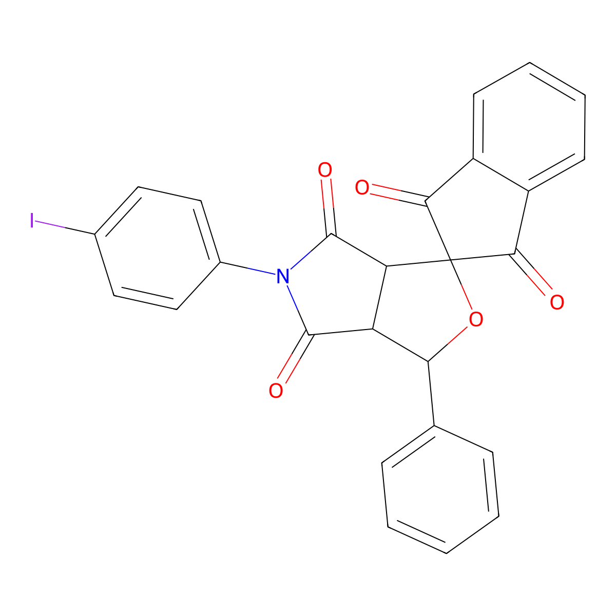 5-(4-iodophenyl)-3-phenyl-3a,6a-dihydrospiro[furo[3,4-c]pyrrole-1,2'-indene]-1',3',4,6(3H,5H)-tetrone molecular structure, CAS 1005262-66-7