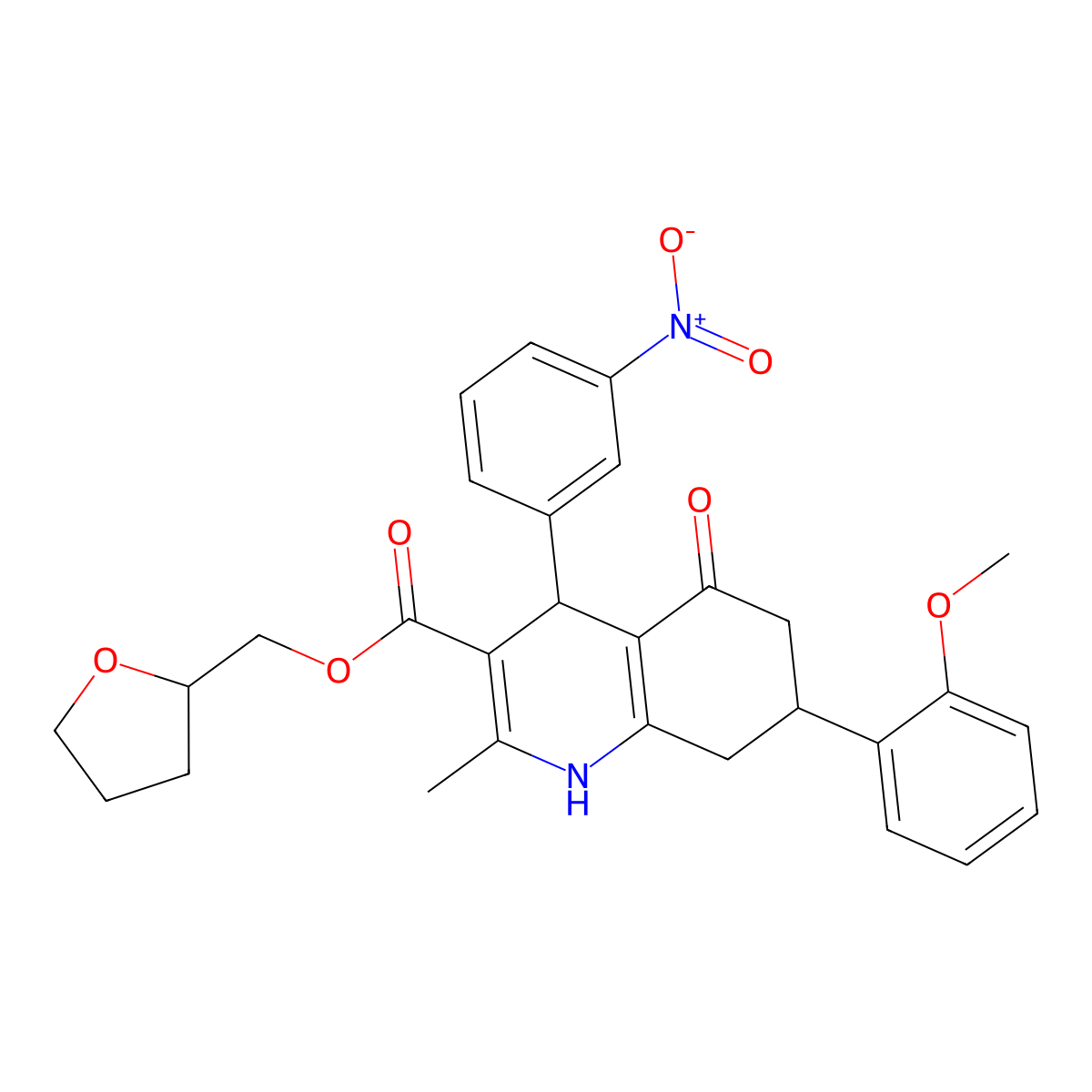 Tetrahydrofuran-2-ylmethyl 7-(2-methoxyphenyl)-2-methyl-4-(3-nitrophenyl)-5-oxo-1,4,5,6,7,8-hexahydroquinoline-3-carboxylate molecular structure, CAS 1005262-67-8
