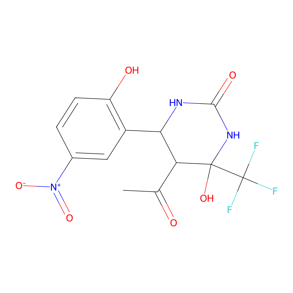 5-Acetyl-4-hydroxy-6-(2-hydroxy-5-nitrophenyl)-4-(trifluoromethyl)-1,3-diazinan-2-one molecular structure, CAS 1005264-46-9
