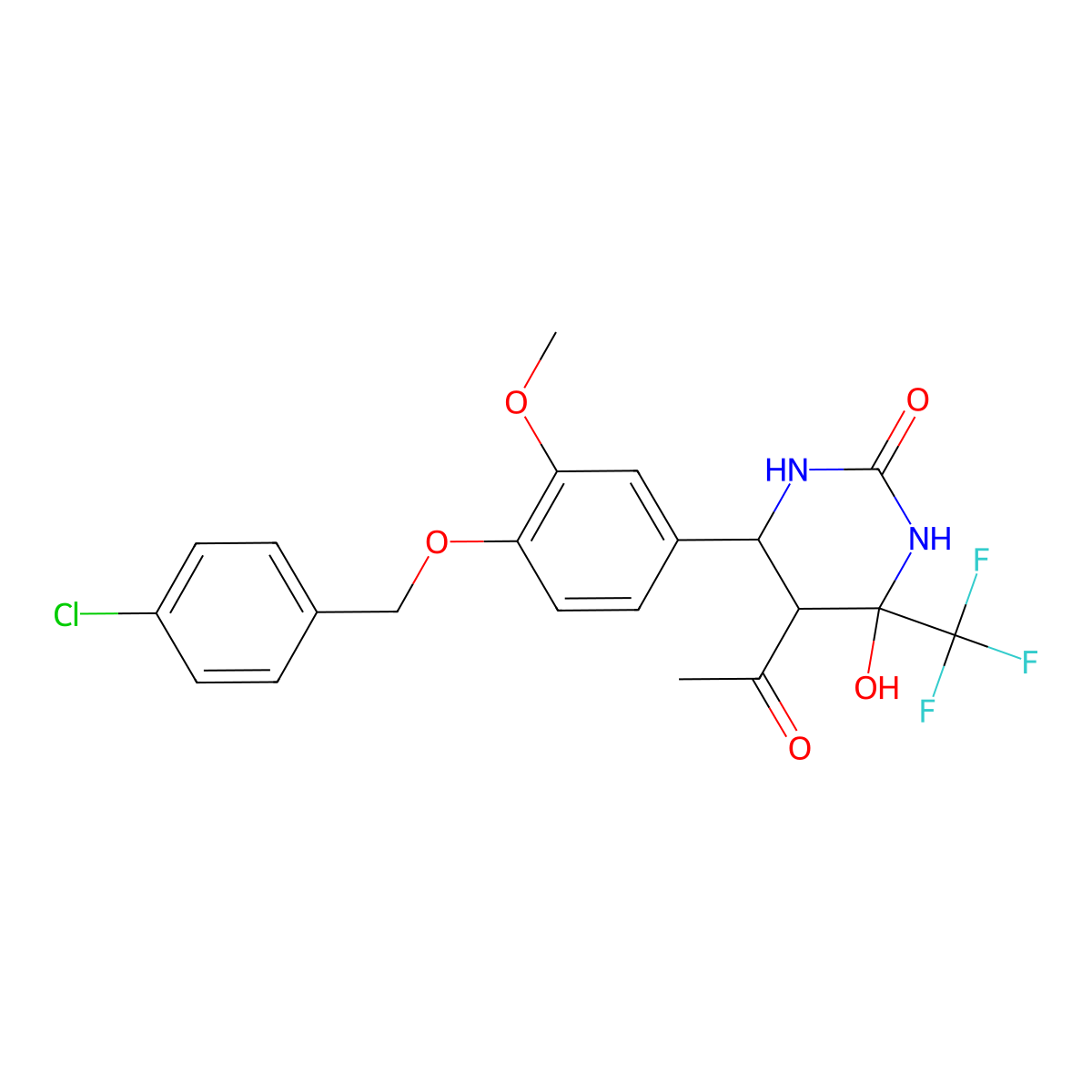 5-acetyl-6-(4-((4-chlorobenzyl)oxy)-3-methoxyphenyl)-4-hydroxy-4-(trifluoromethyl)tetrahydropyrimidin-2(1H)-one molecular structure, CAS 1005264-60-7