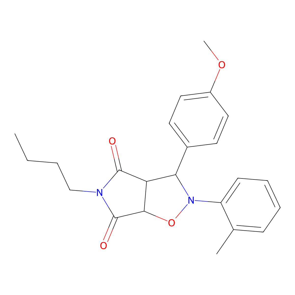 5-butyl-3-(4-methoxyphenyl)-2-(2-methylphenyl)dihydro-2H-pyrrolo[3,4-d]isoxazole-4,6(3H,5H)-dione molecular structure, CAS 1005266-19-2