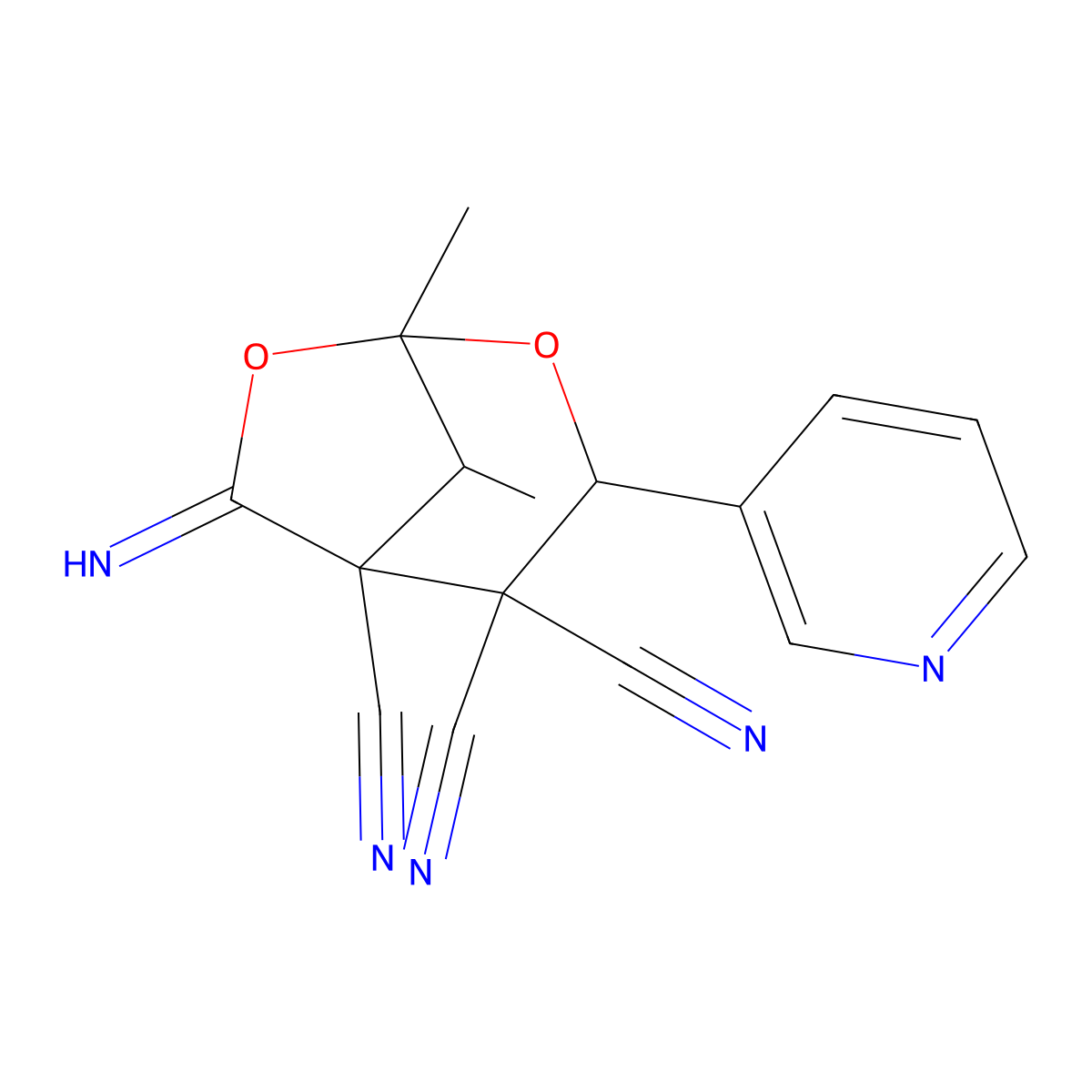 6-Imino-1,8-dimethyl-3-(pyridin-3-yl)-2,7-dioxabicyclo[3.2.1]octane-4,4,5-tricarbonitrile molecular structure, CAS 1005266-43-2