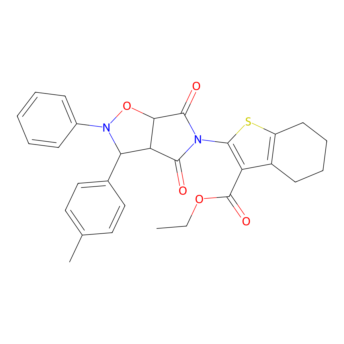 ethyl 2-(4,6-dioxo-2-phenyl-3-(p-tolyl)tetrahydro-2H-pyrrolo[3,4-d]isoxazol-5(3H)-yl)-4,5,6,7-tetrahydrobenzo[b]thiophene-3-carboxylate molecular structure, CAS 1005266-67-0