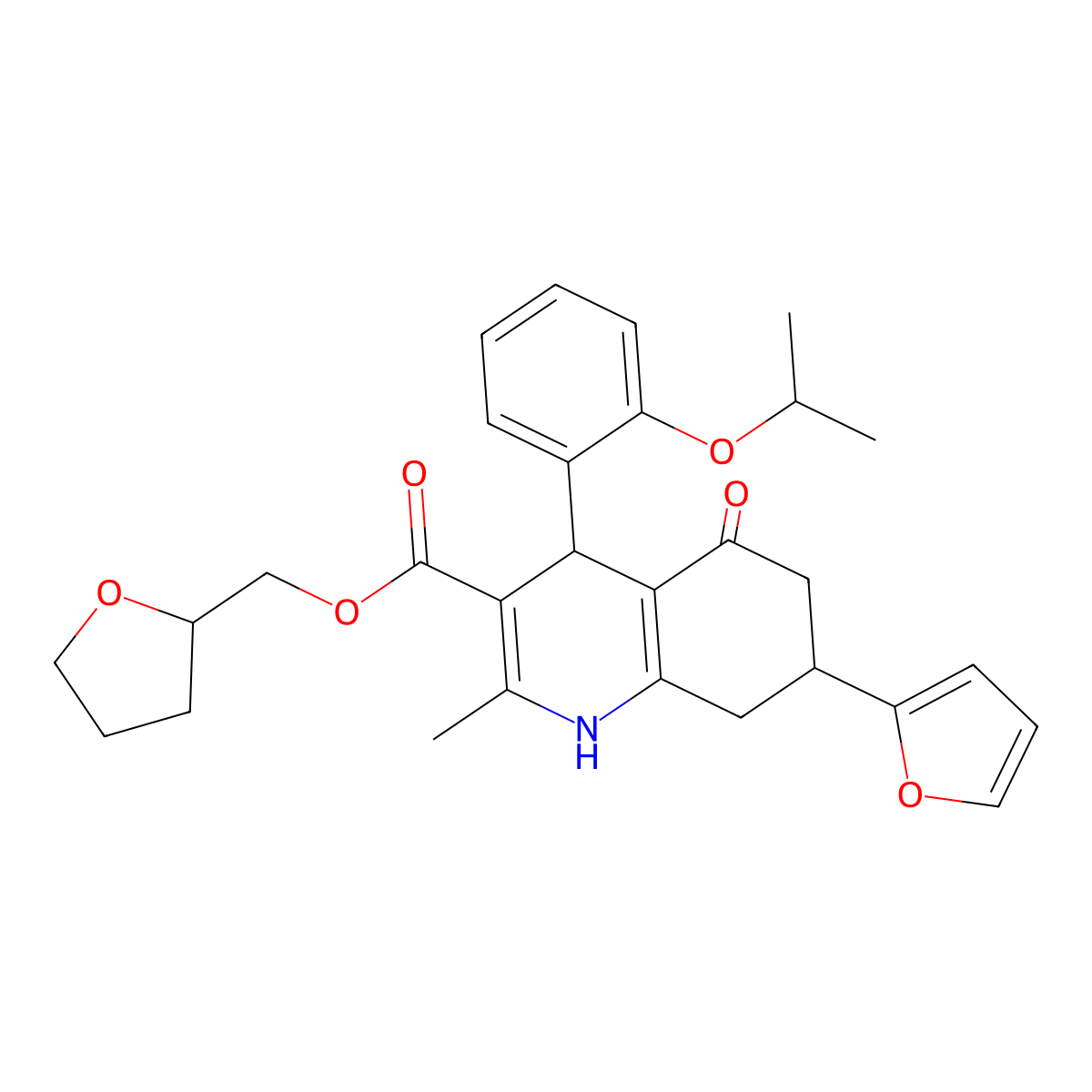Tetrahydrofuran-2-ylmethyl 7-(furan-2-yl)-2-methyl-5-oxo-4-[2-(propan-2-yloxy)phenyl]-1,4,5,6,7,8-hexahydroquinoline-3-carboxylate molecular structure, CAS 1005268-18-7