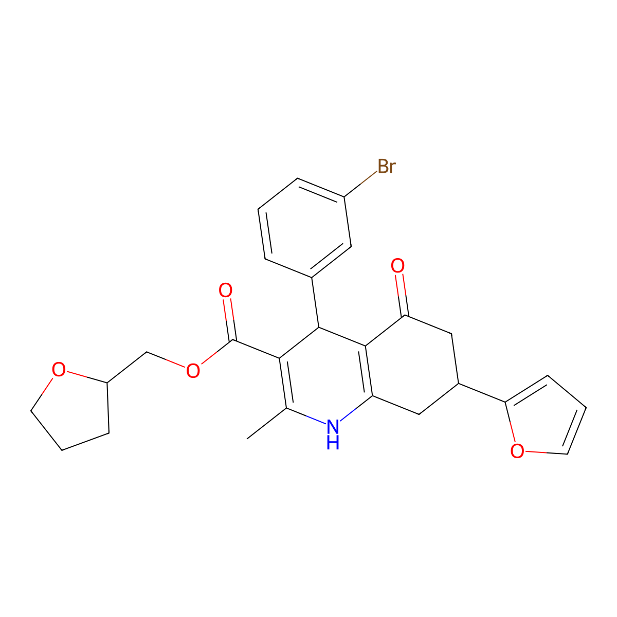 Tetrahydrofuran-2-ylmethyl 4-(3-bromophenyl)-7-(furan-2-yl)-2-methyl-5-oxo-1,4,5,6,7,8-hexahydroquinoline-3-carboxylate molecular structure, CAS 1005268-28-9