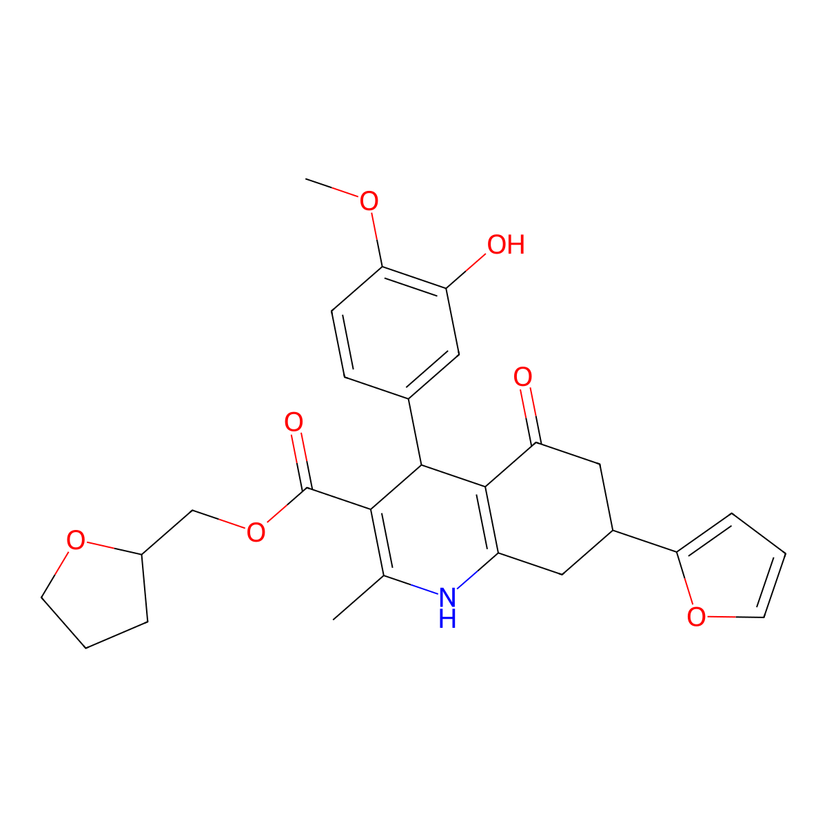 Tetrahydro-2-furanylmethyl 7-(2-furyl)-4-(3-hydroxy-4-methoxyphenyl)-2-methyl-5-oxo-1,4,5,6,7,8-hexahydro-3-quinolinecarboxylate molecular structure, CAS 1005268-29-0