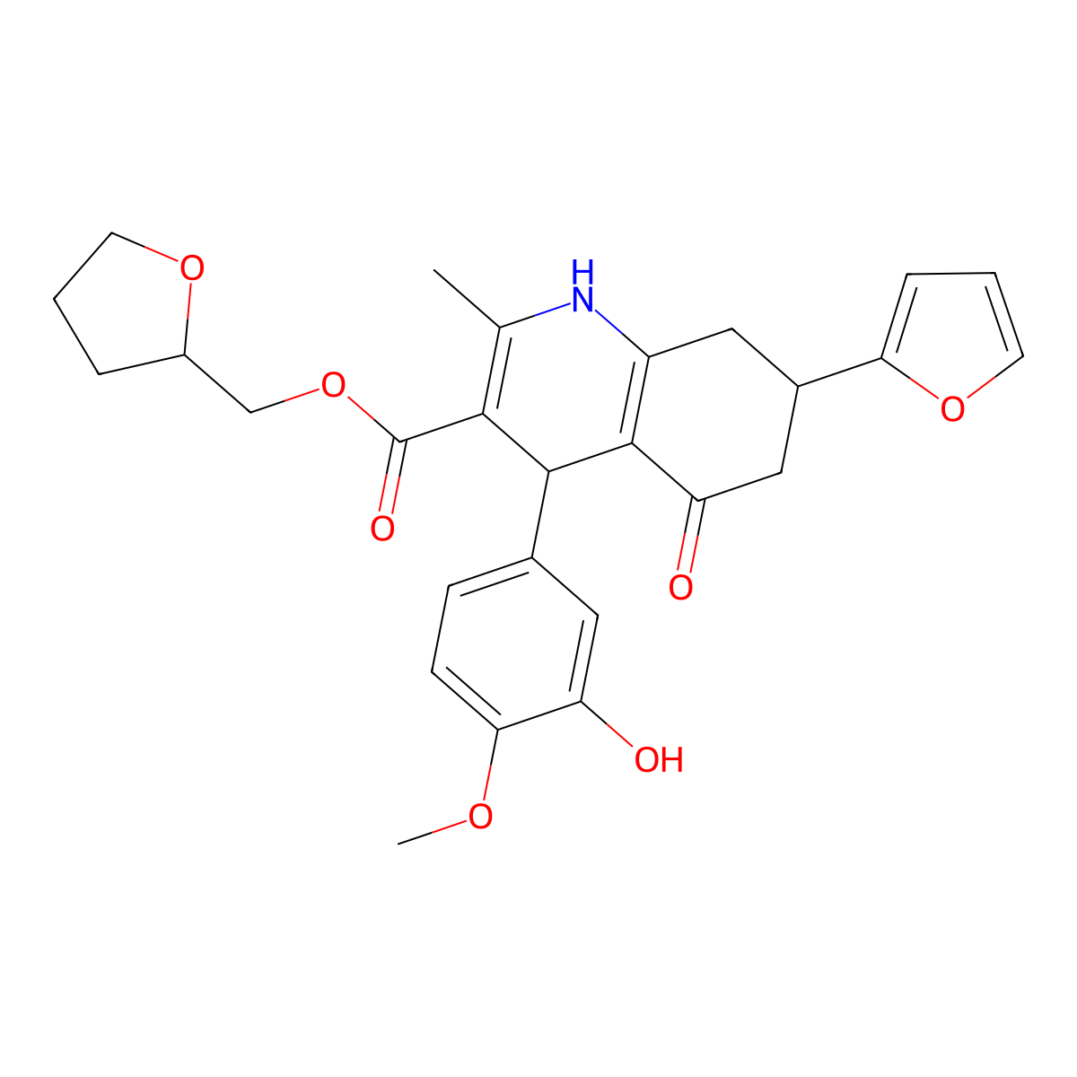 Tetrahydro-2-furanylmethyl 7-(2-furyl)-4-(3-hydroxy-4-methoxyphenyl)-2-methyl-5-oxo-1,4,5,6,7,8-hexahydro-3-quinolinecarboxylate molecular structure, CAS 1005268-29-0