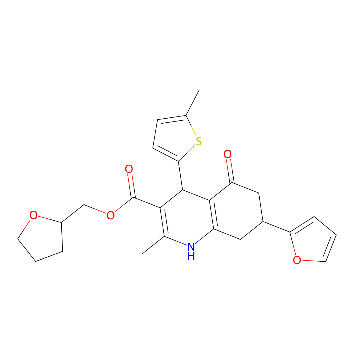 Tetrahydrofuran-2-ylmethyl 7-(furan-2-yl)-2-methyl-4-(5-methylthiophen-2-yl)-5-oxo-1,4,5,6,7,8-hexahydroquinoline-3-carboxylate molecular structure, CAS 1005268-41-6
