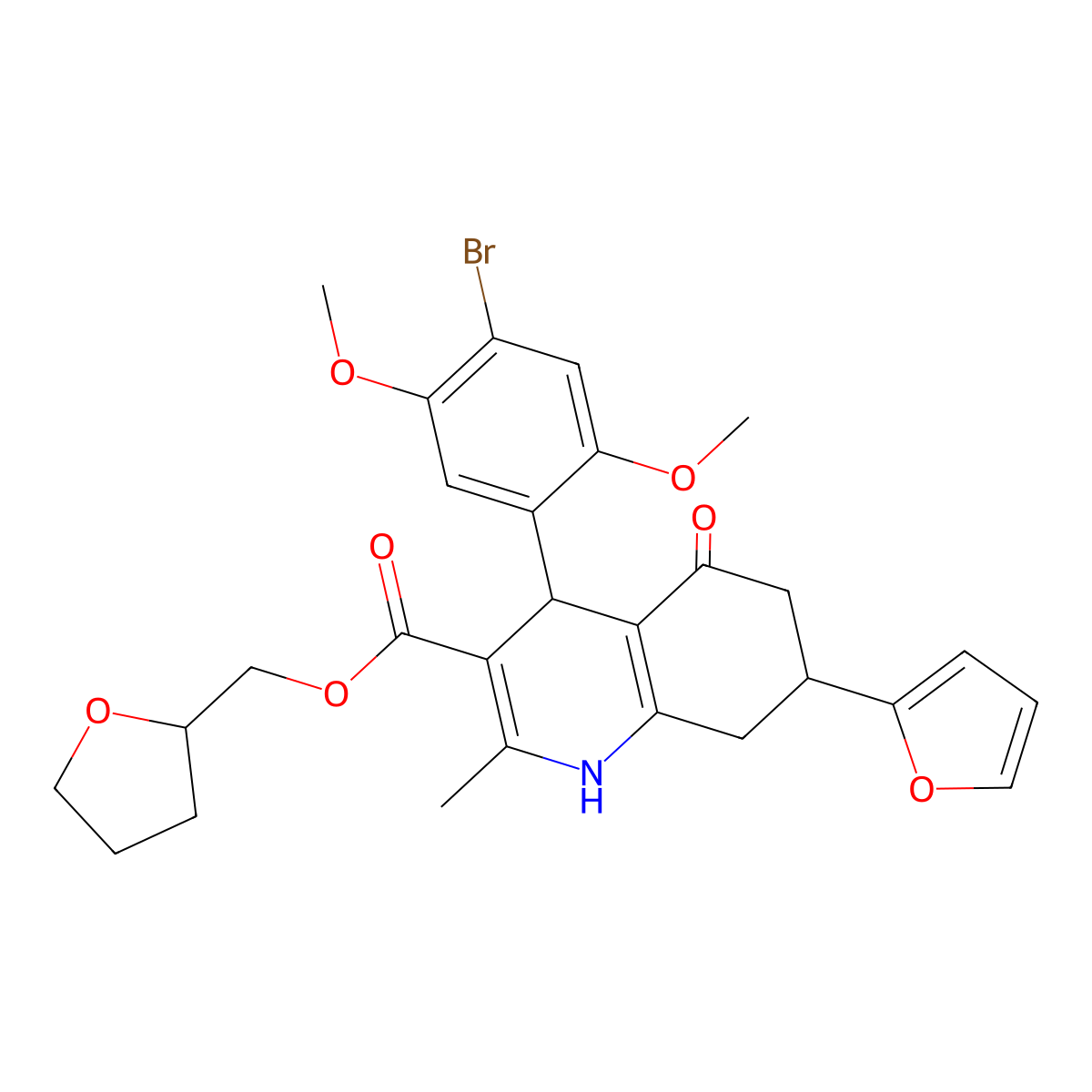 Tetrahydrofuran-2-ylmethyl 4-(4-bromo-2,5-dimethoxyphenyl)-7-(furan-2-yl)-2-methyl-5-oxo-1,4,5,6,7,8-hexahydroquinoline-3-carboxylate molecular structure, CAS 1005268-66-5