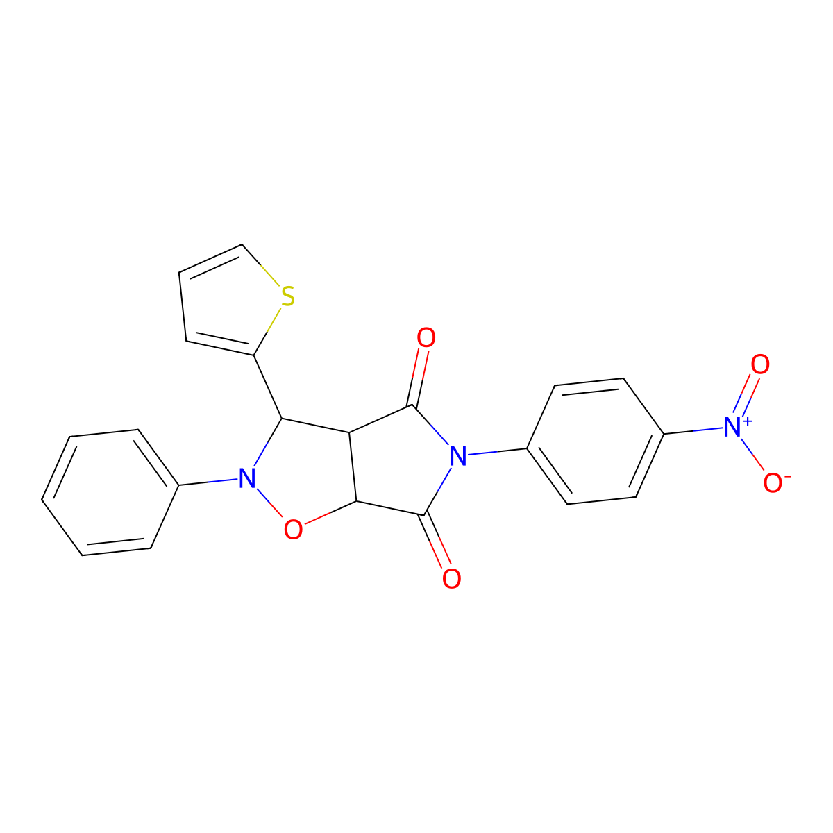 5-(4-nitrophenyl)-2-phenyl-3-(thiophen-2-yl)dihydro-2H-pyrrolo[3,4-d]isoxazole-4,6(5H,6aH)-dione molecular structure, CAS 1005270-36-9