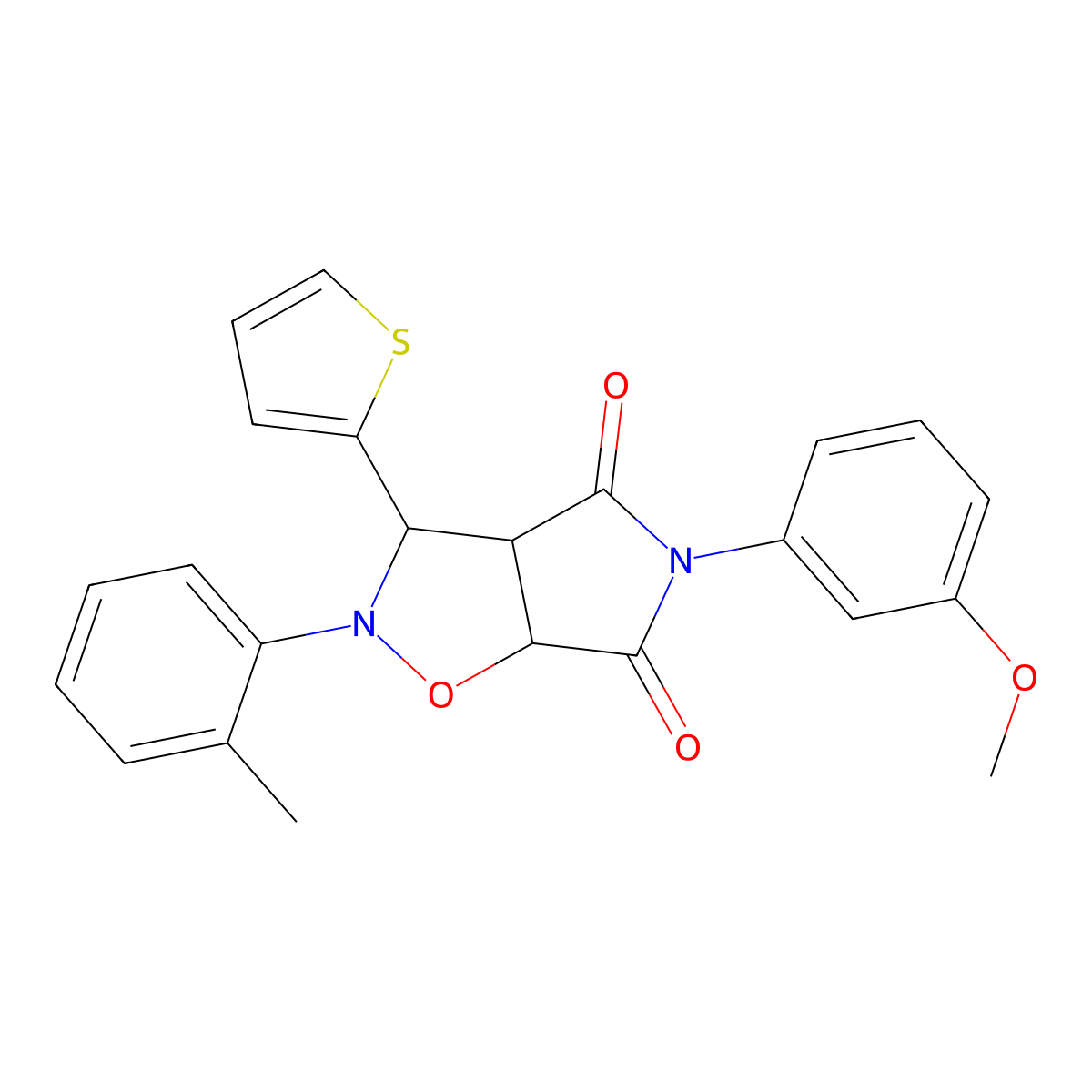 5-(3-methoxyphenyl)-3-(thiophen-2-yl)-2-(o-tolyl)dihydro-2H-pyrrolo[3,4-d]isoxazole-4,6(5H,6aH)-dione molecular structure, CAS 1005270-98-3