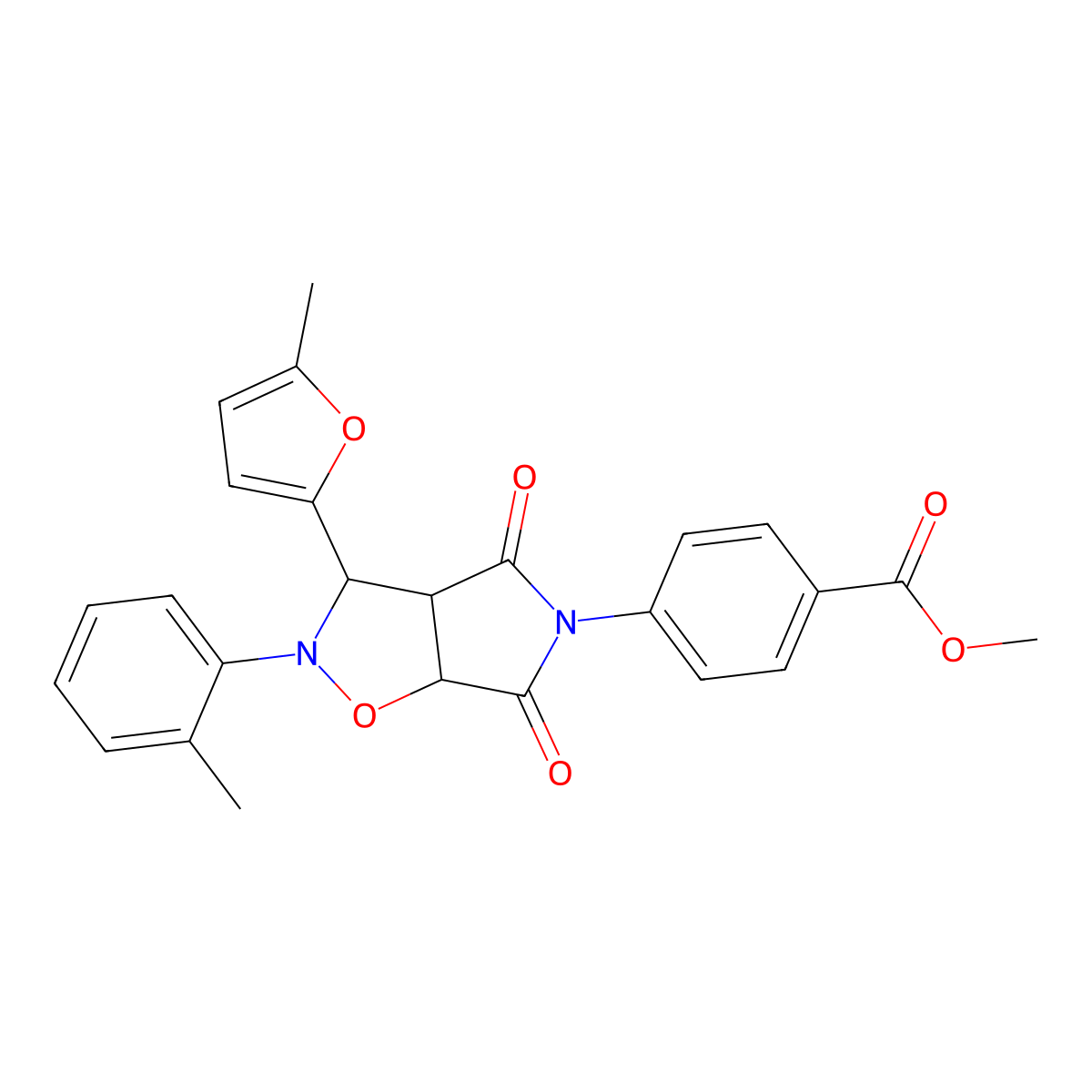 methyl 4-(3-(5-methylfuran-2-yl)-4,6-dioxo-2-(o-tolyl)tetrahydro-2H-pyrrolo[3,4-d]isoxazol-5(3H)-yl)benzoate molecular structure, CAS 1005271-08-8
