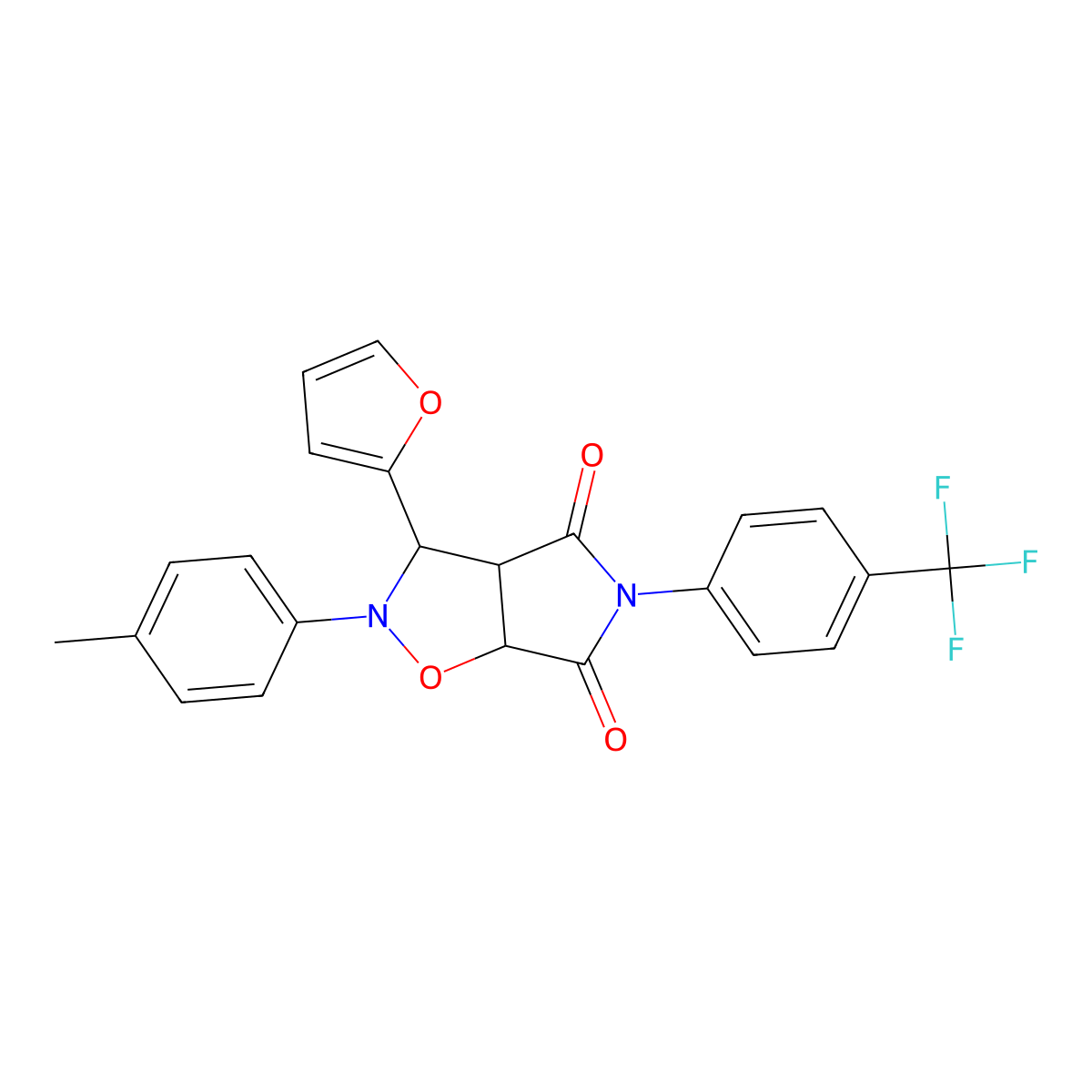 3-(furan-2-yl)-2-(p-tolyl)-5-(4-(trifluoromethyl)phenyl)dihydro-2H-pyrrolo[3,4-d]isoxazole-4,6(5H,6aH)-dione molecular structure, CAS 1005271-19-1