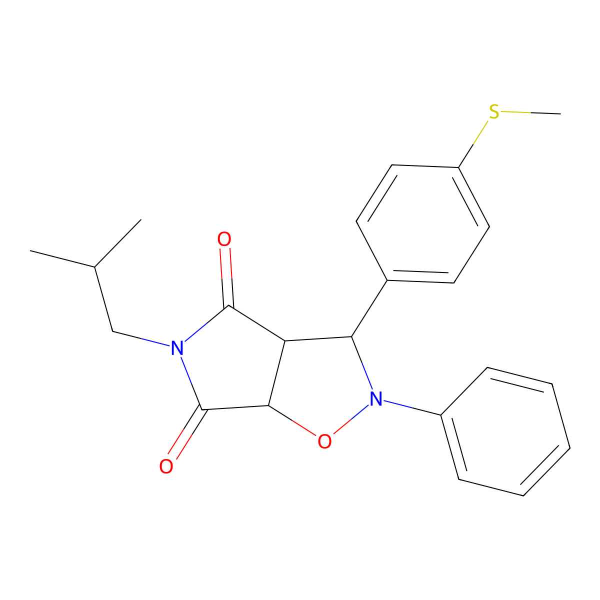 5-isobutyl-3-(4-(methylthio)phenyl)-2-phenyldihydro-2H-pyrrolo[3,4-d]isoxazole-4,6(5H,6aH)-dione molecular structure, CAS 1005271-65-7