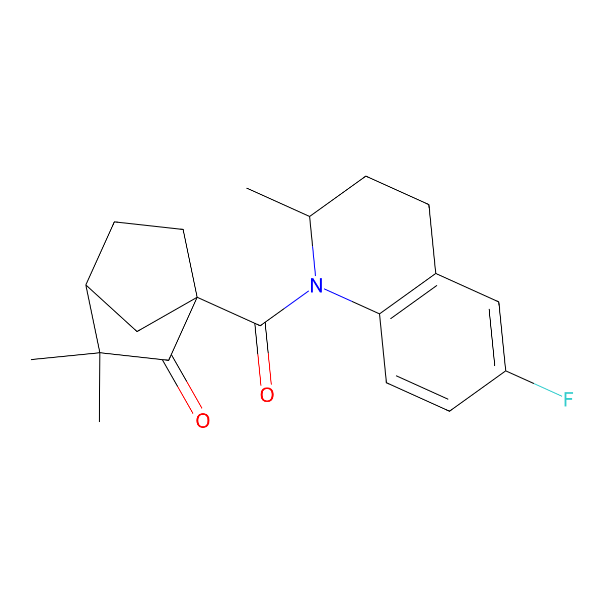(1S,4R)-1-(6-fluoro-2-methyl-1,2,3,4-tetrahydroquinoline-1-carbonyl)-3,3-dimethylbicyclo[2.2.1]heptan-2-one molecular structure, CAS 1005271-99-7