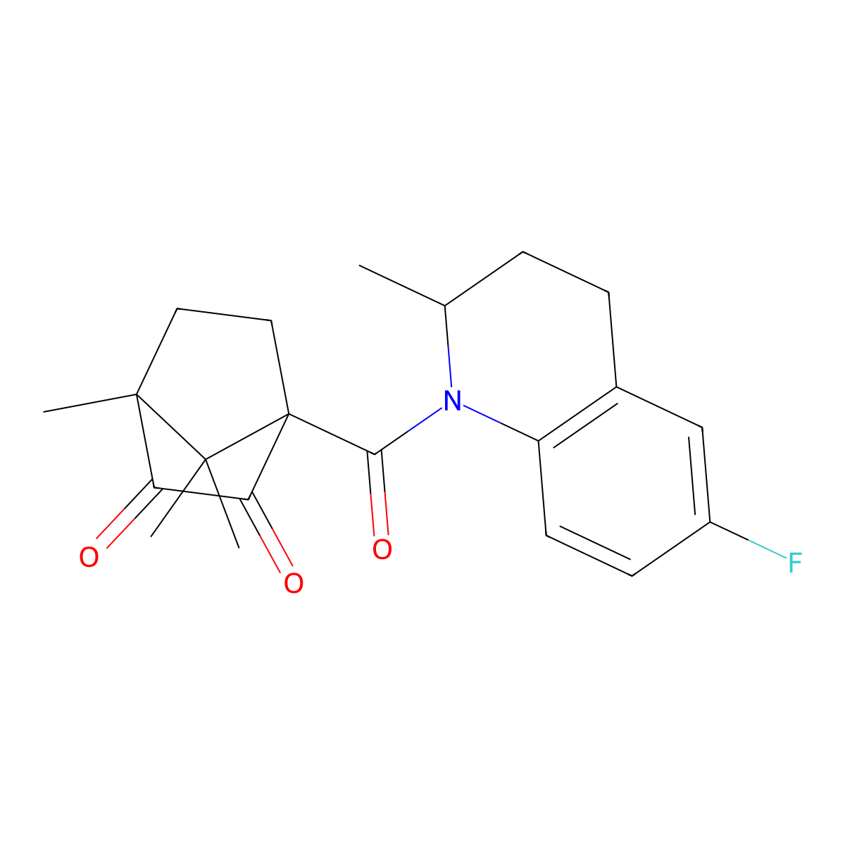 (1R,4S)-1-(6-fluoro-2-methyl-1,2,3,4-tetrahydroquinoline-1-carbonyl)-4,7,7-trimethylbicyclo[2.2.1]heptane-2,3-dione molecular structure, CAS 1005272-18-3