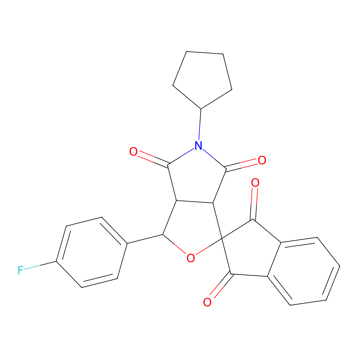 5-cyclopentyl-1-(4-fluorophenyl)spiro[3a,6a-dihydro-1H-furo[3,4-c]pyrrole-3,2'-indene]-1',3',4,6-tetrone molecular structure, CAS 1005272-90-1