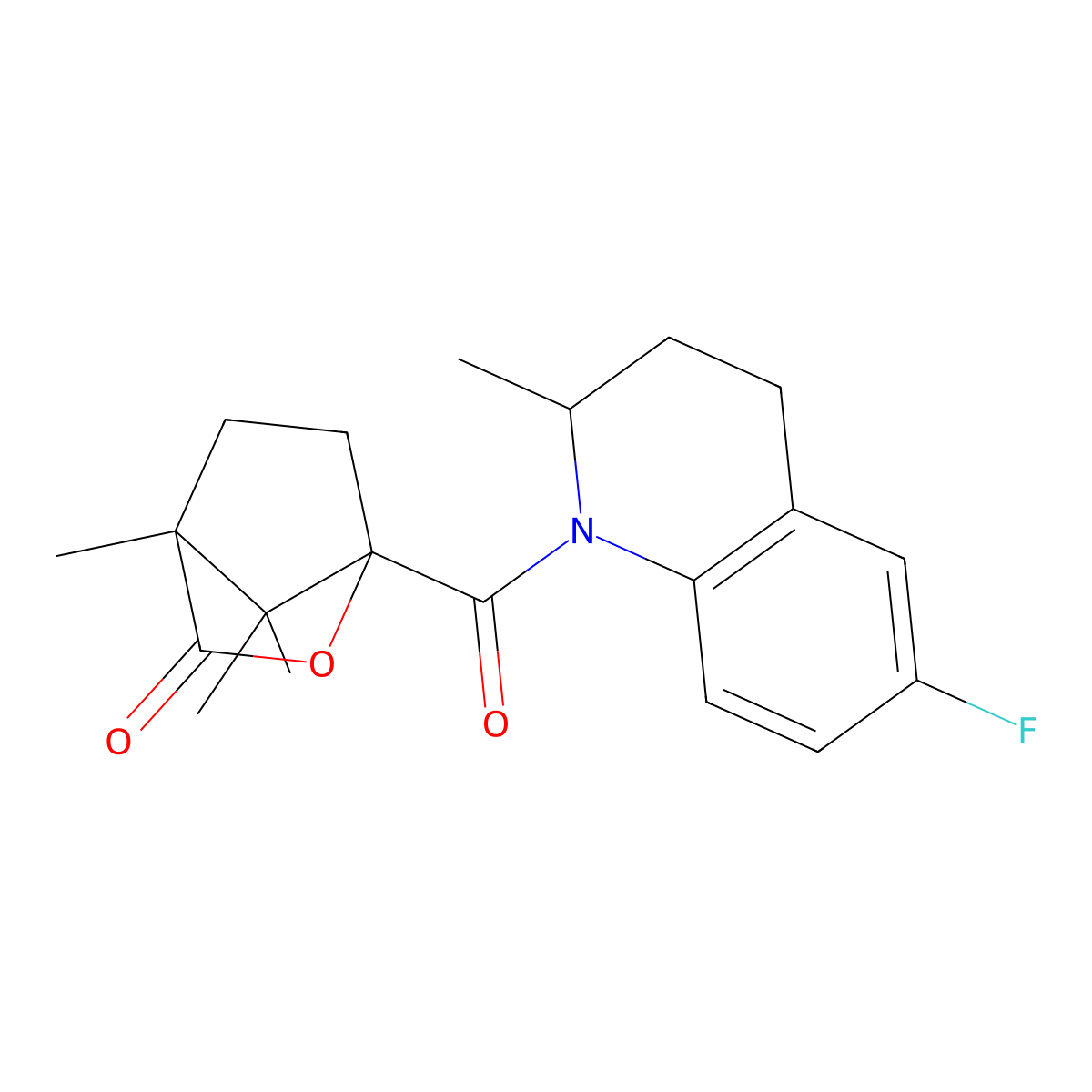 1-[(6-fluoro-2-methyl-3,4-dihydro-1(2H)-quinolinyl)carbonyl]-4,7,7-trimethyl-2-oxabicyclo[2.2.1]heptan-3-one molecular structure, CAS 1005272-95-6