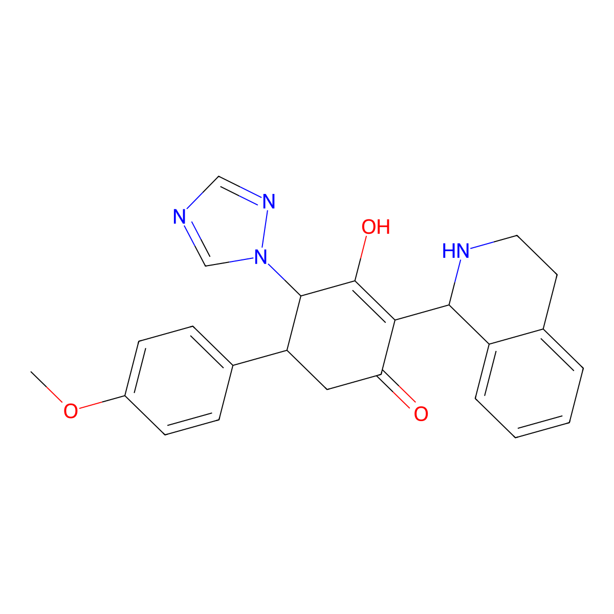 3-hydroxy-5-(4-methoxyphenyl)-2-(1,2,3,4-tetrahydro-1-isoquinolinyl)-4-(1H-1,2,4-triazol-1-yl)-2-cyclohexen-1-one molecular structure, CAS 1005273-39-1