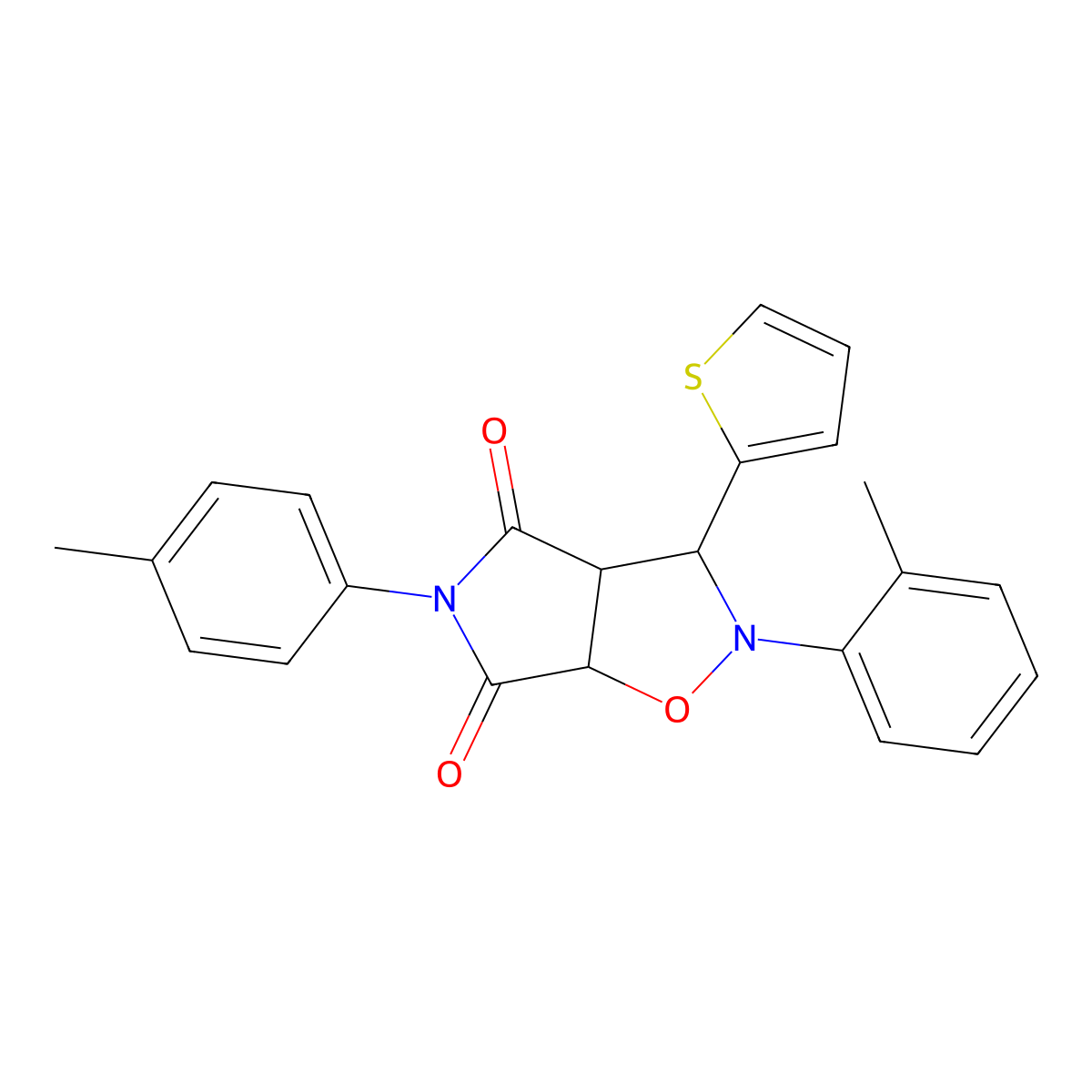 3-(thiophen-2-yl)-2-(o-tolyl)-5-(p-tolyl)dihydro-2H-pyrrolo[3,4-d]isoxazole-4,6(5H,6aH)-dione molecular structure, CAS 1005273-49-3