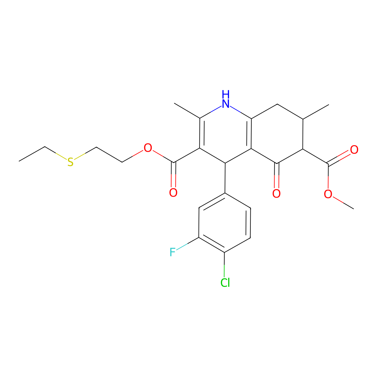 3-[2-(Ethylsulfanyl)ethyl] 6-methyl 4-(4-chloro-3-fluorophenyl)-2,7-dimethyl-5-oxo-1,4,5,6,7,8-hexahydroquinoline-3,6-dicarboxylate molecular structure, CAS 1005276-02-7