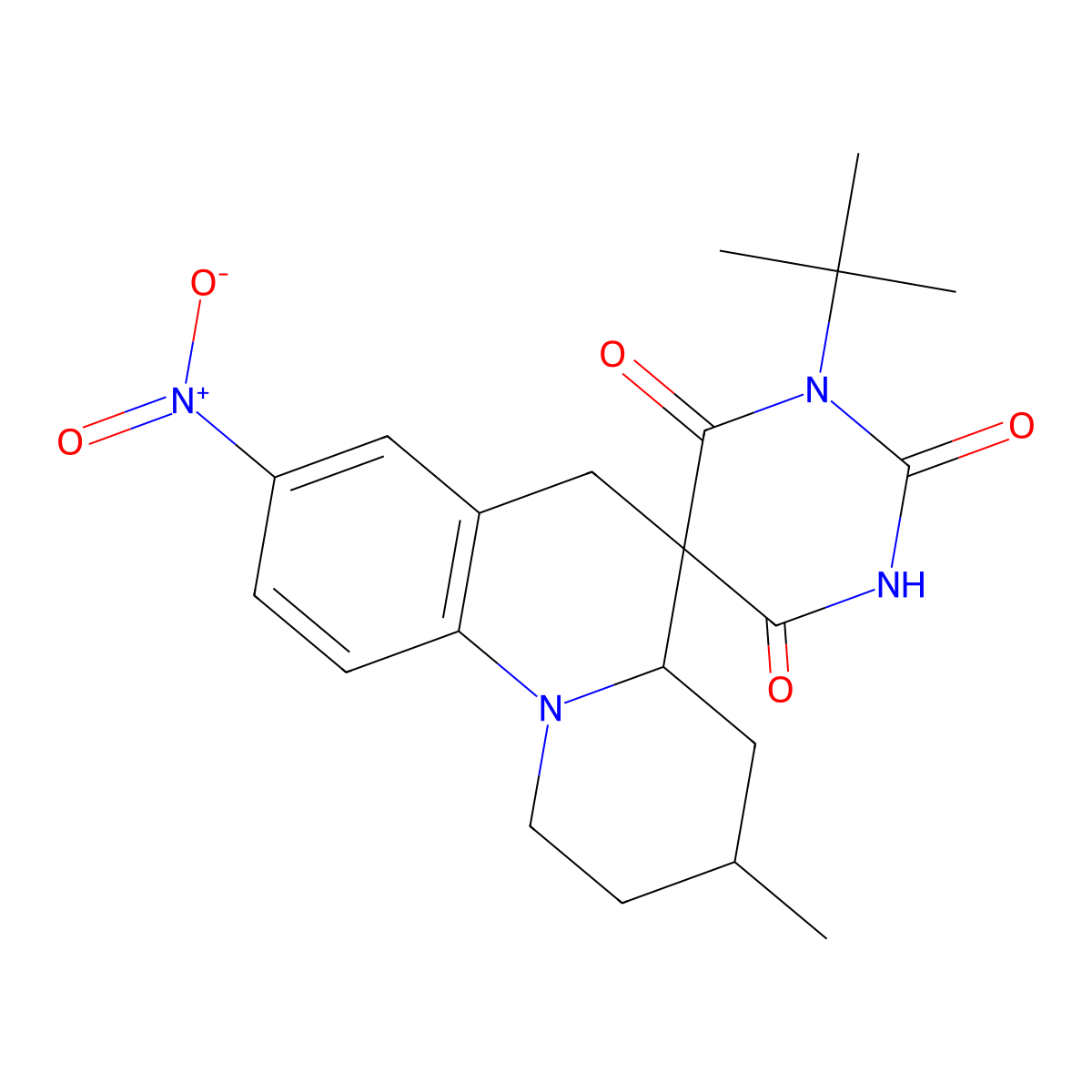 1'-Tert-butyl-3-methyl-8-nitrospiro[1,2,3,4,4a,6-hexahydrobenzo[c]quinolizine-5,5'-1,3-diazinane]-2',4',6'-trione molecular structure, CAS 1005277-27-9