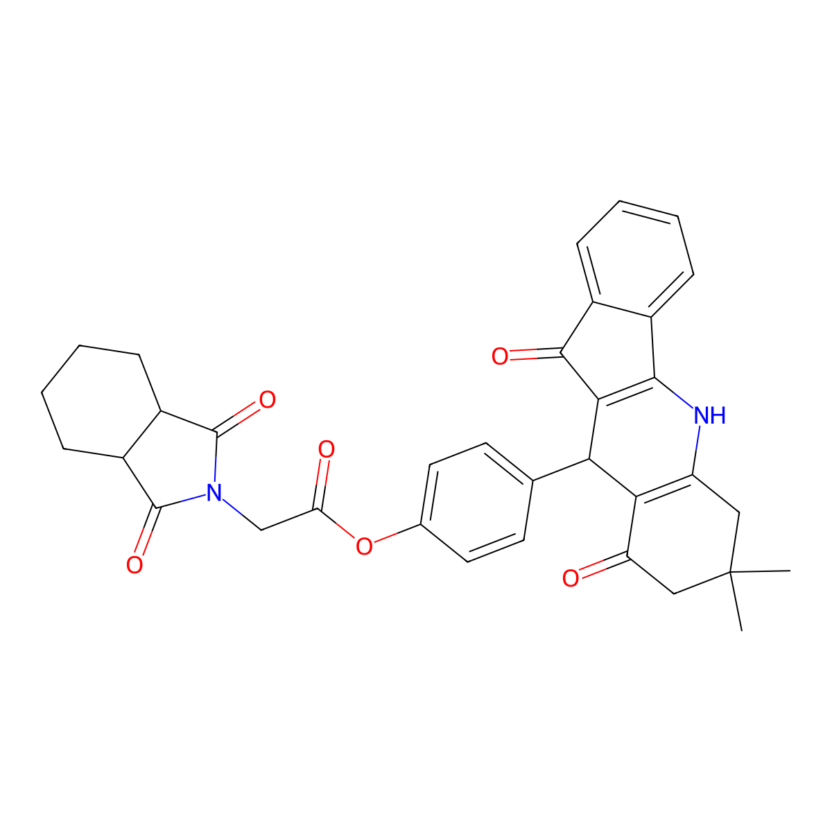 4-(7,7-dimethyl-9,11-dioxo-6,7,8,9,10,11-hexahydro-5H-indeno[1,2-b]quinolin-10-yl)phenyl (1,3-dioxooctahydro-2H-isoindol-2-yl)acetate molecular structure, CAS 1005281-73-1
