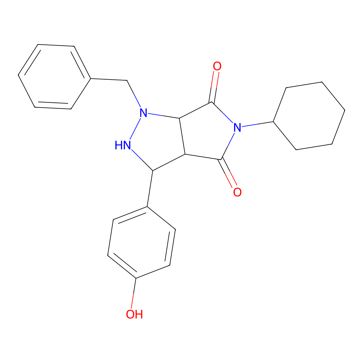 1-benzyl-5-cyclohexyl-3-(4-hydroxyphenyl)tetrahydropyrrolo[3,4-c]pyrazole-4,6(1H,5H)-dione molecular structure, CAS 1005281-76-4