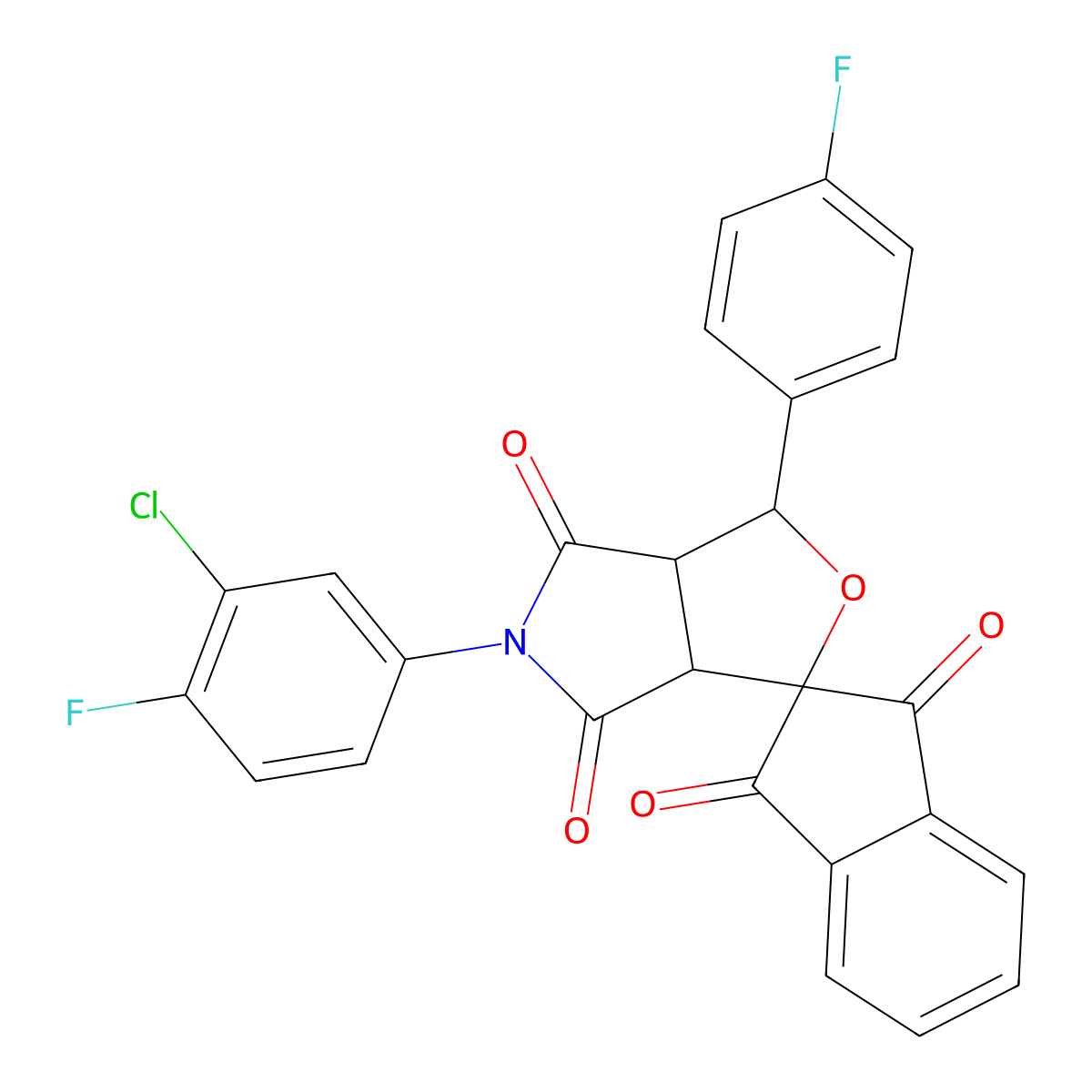 5-(3-chloro-4-fluorophenyl)-3-(4-fluorophenyl)-3a,6a-dihydrospiro[furo[3,4-c]pyrrole-1,2'-indene]-1',3',4,6(3H,5H)-tetrone molecular structure, CAS 1005281-77-5