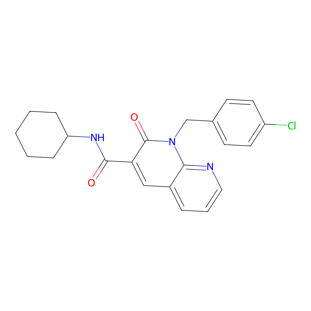 1-(4-chlorobenzyl)-N-cyclohexyl-2-oxo-1,2-dihydro-1,8-naphthyridine-3-carboxamide molecular structure, CAS 1005291-48-4