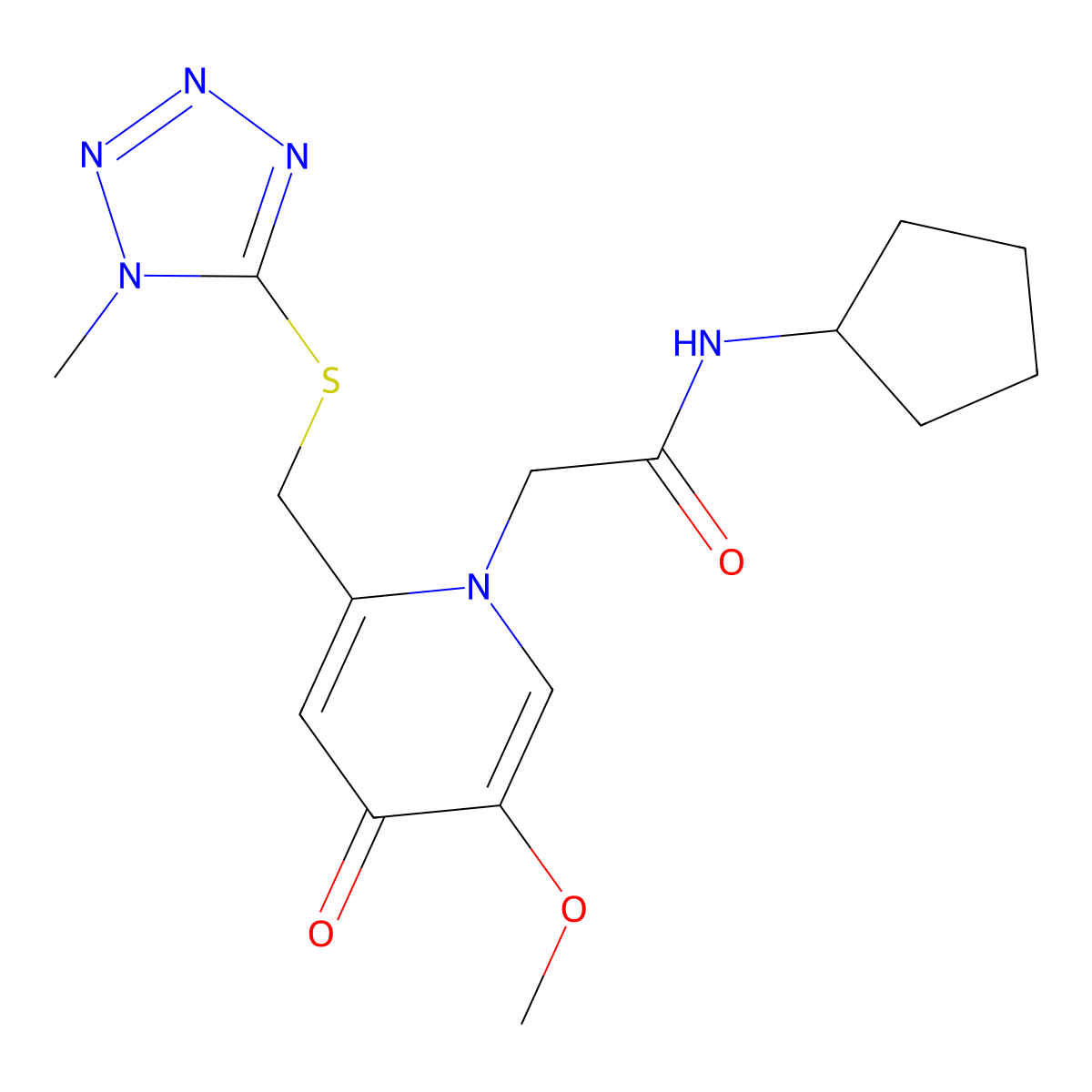 N-cyclopentyl-2-(5-methoxy-2-(((1-methyl-1H-tetrazol-5-yl)thio)methyl)-4-oxopyridin-1(4H)-yl)acetamide molecular structure, CAS 1005292-01-2