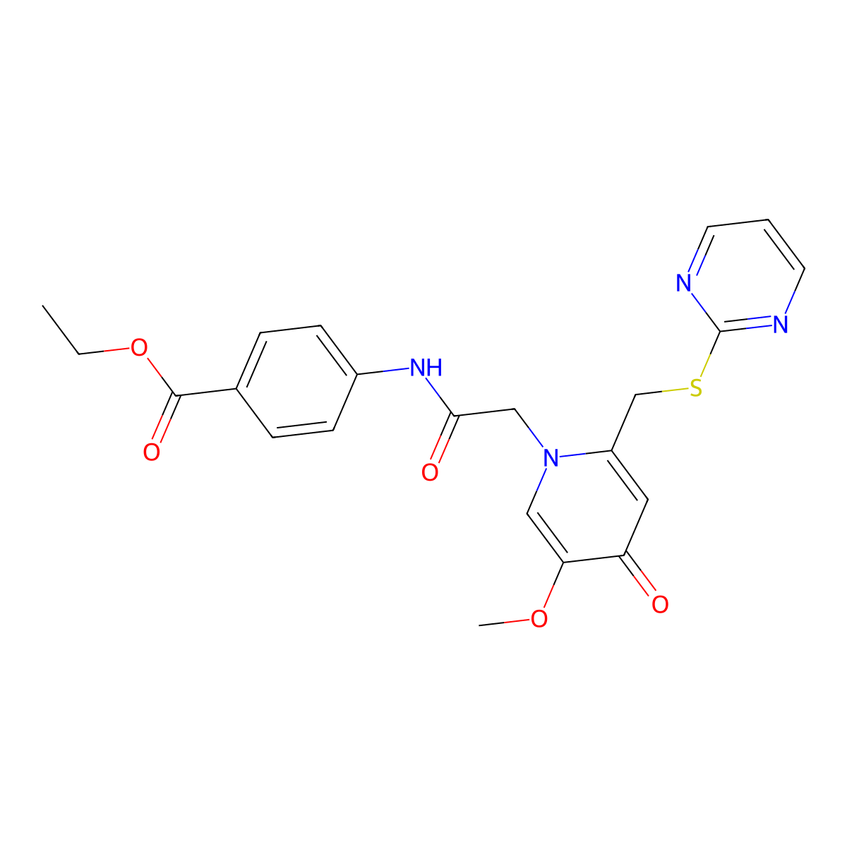 ethyl 4-(2-(5-methoxy-4-oxo-2-((pyrimidin-2-ylthio)methyl)pyridin-1(4H)-yl)acetamido)benzoate molecular structure, CAS 1005292-04-5