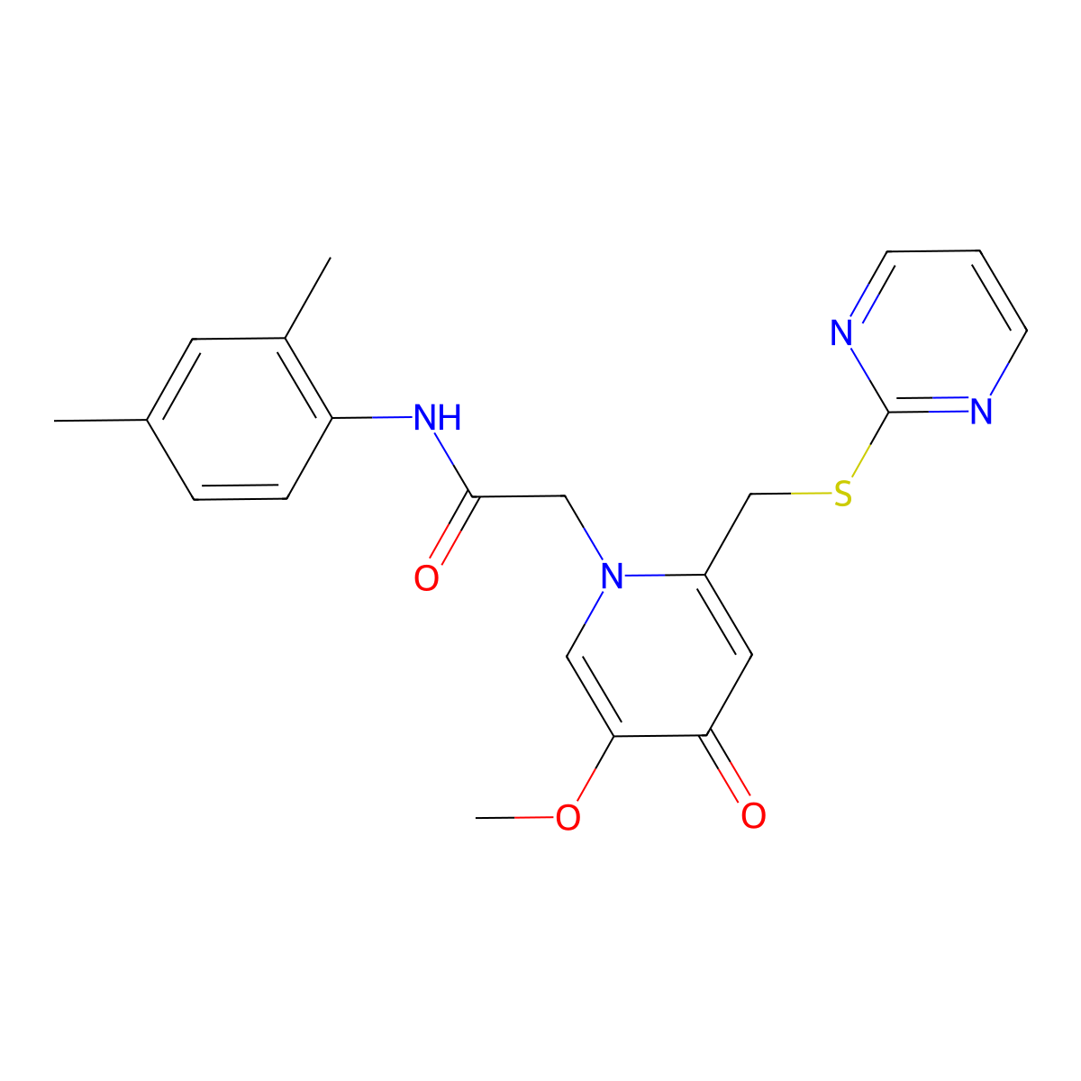 N-(2,4-dimethylphenyl)-2-(5-methoxy-4-oxo-2-((pyrimidin-2-ylthio)methyl)pyridin-1(4H)-yl)acetamide molecular structure, CAS 1005292-07-8