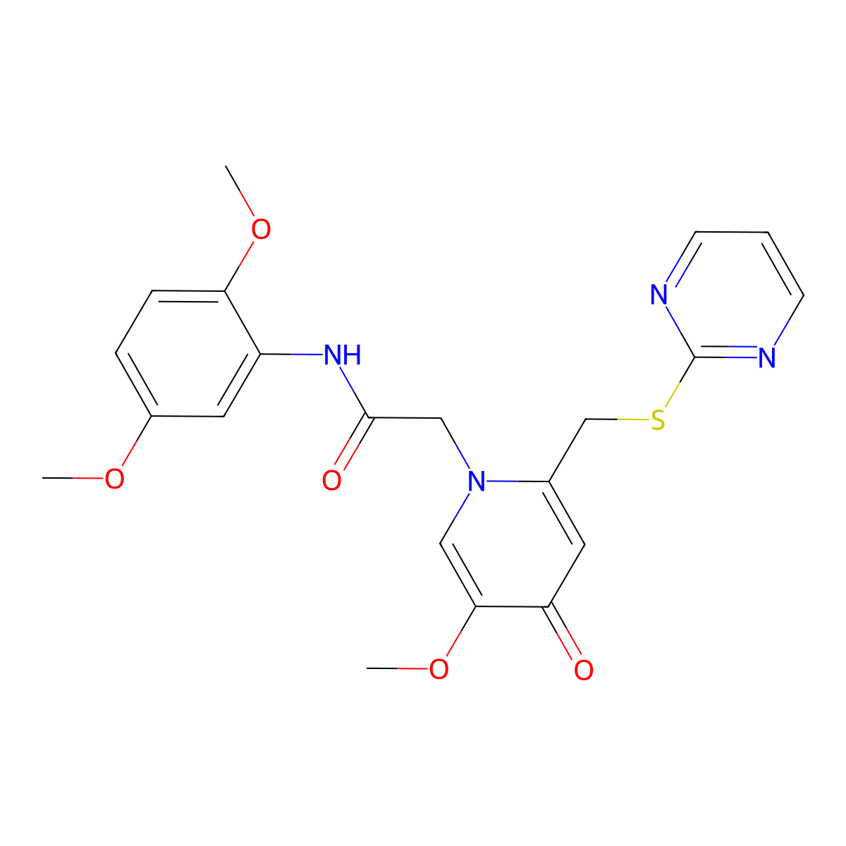 N-(2,5-dimethoxyphenyl)-2-(5-methoxy-4-oxo-2-((pyrimidin-2-ylthio)methyl)pyridin-1(4H)-yl)acetamide molecular structure, CAS 1005292-14-7