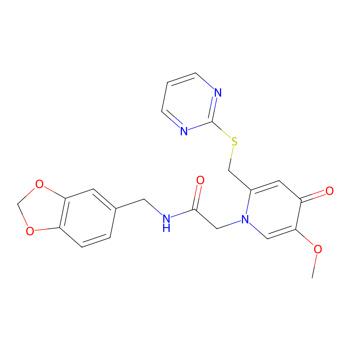 N-(benzo[d][1,3]dioxol-5-ylmethyl)-2-(5-methoxy-4-oxo-2-((pyrimidin-2-ylthio)methyl)pyridin-1(4H)-yl)acetamide molecular structure, CAS 1005292-15-8