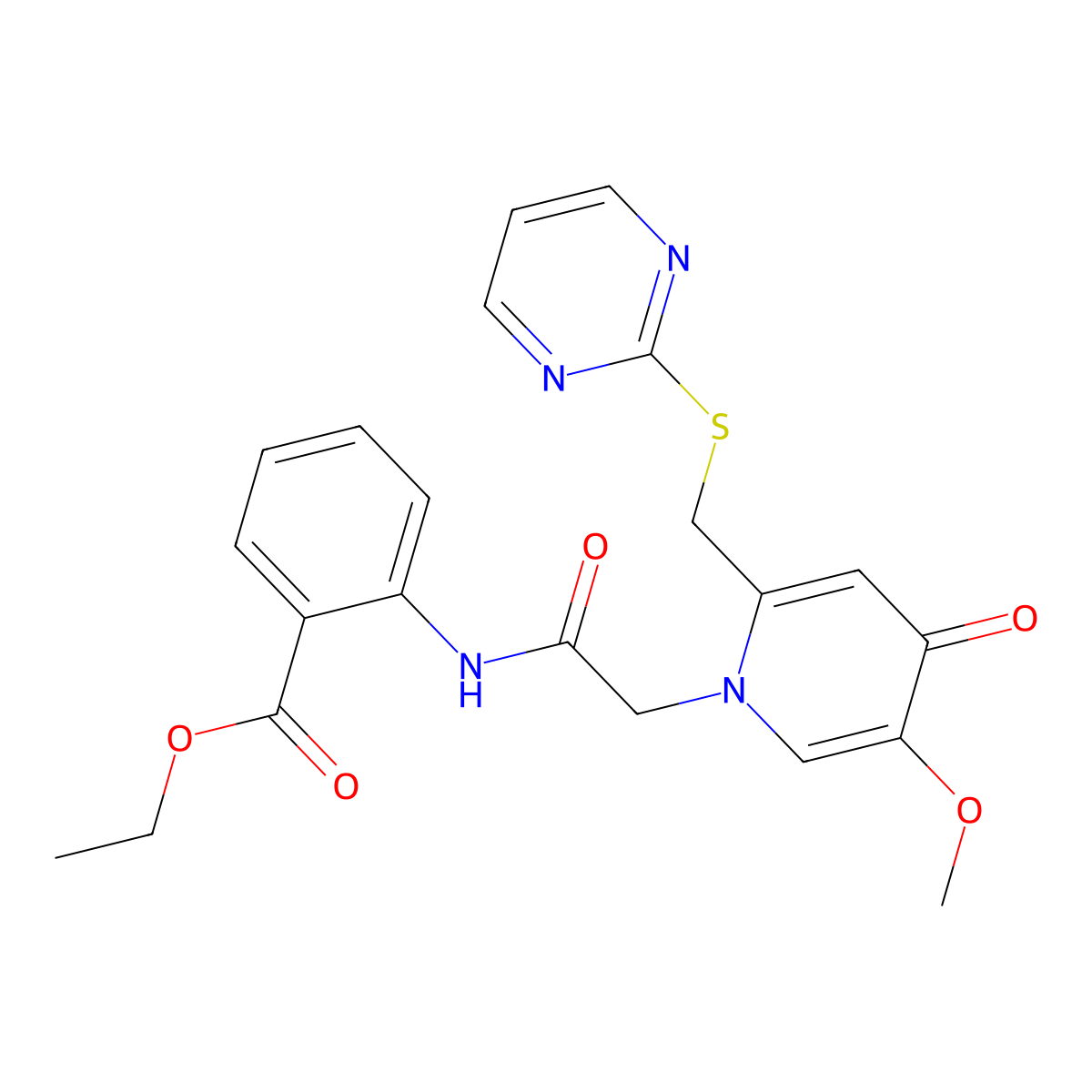 ethyl 2-(2-(5-methoxy-4-oxo-2-((pyrimidin-2-ylthio)methyl)pyridin-1(4H)-yl)acetamido)benzoate molecular structure, CAS 1005292-19-2