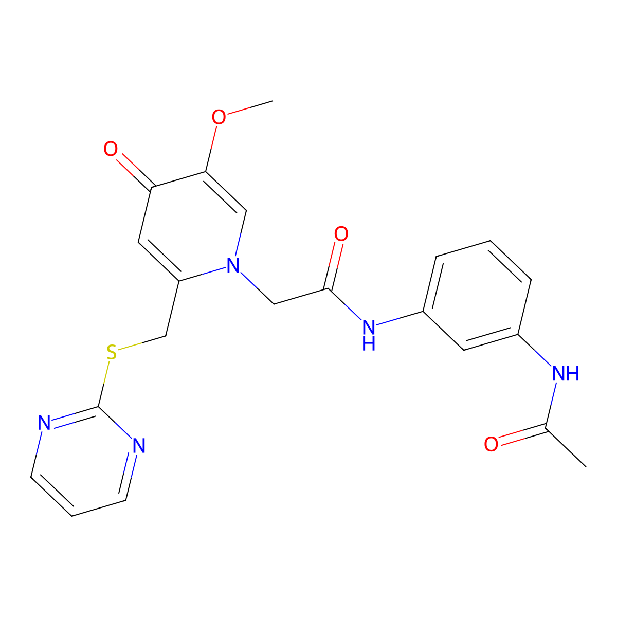 N-(3-acetamidophenyl)-2-(5-methoxy-4-oxo-2-((pyrimidin-2-ylthio)methyl)pyridin-1(4H)-yl)acetamide molecular structure, CAS 1005292-20-5