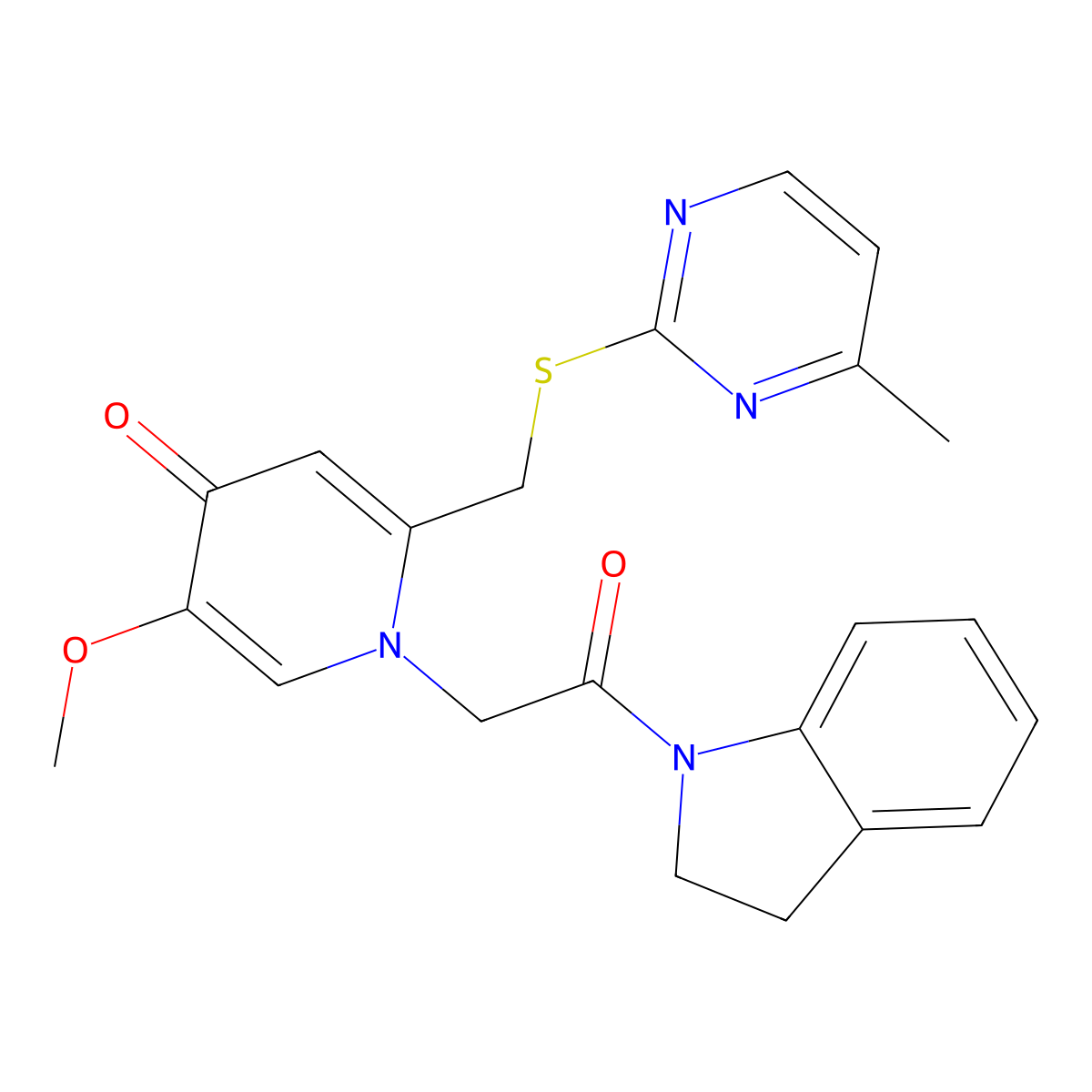 1-(2-(indolin-1-yl)-2-oxoethyl)-5-methoxy-2-(((4-methylpyrimidin-2-yl)thio)methyl)pyridin-4(1H)-one molecular structure, CAS 1005292-21-6