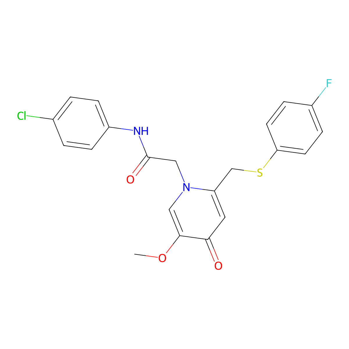 N-(4-chlorophenyl)-2-(2-(((4-fluorophenyl)thio)methyl)-5-methoxy-4-oxopyridin-1(4H)-yl)acetamide molecular structure, CAS 1005292-25-0