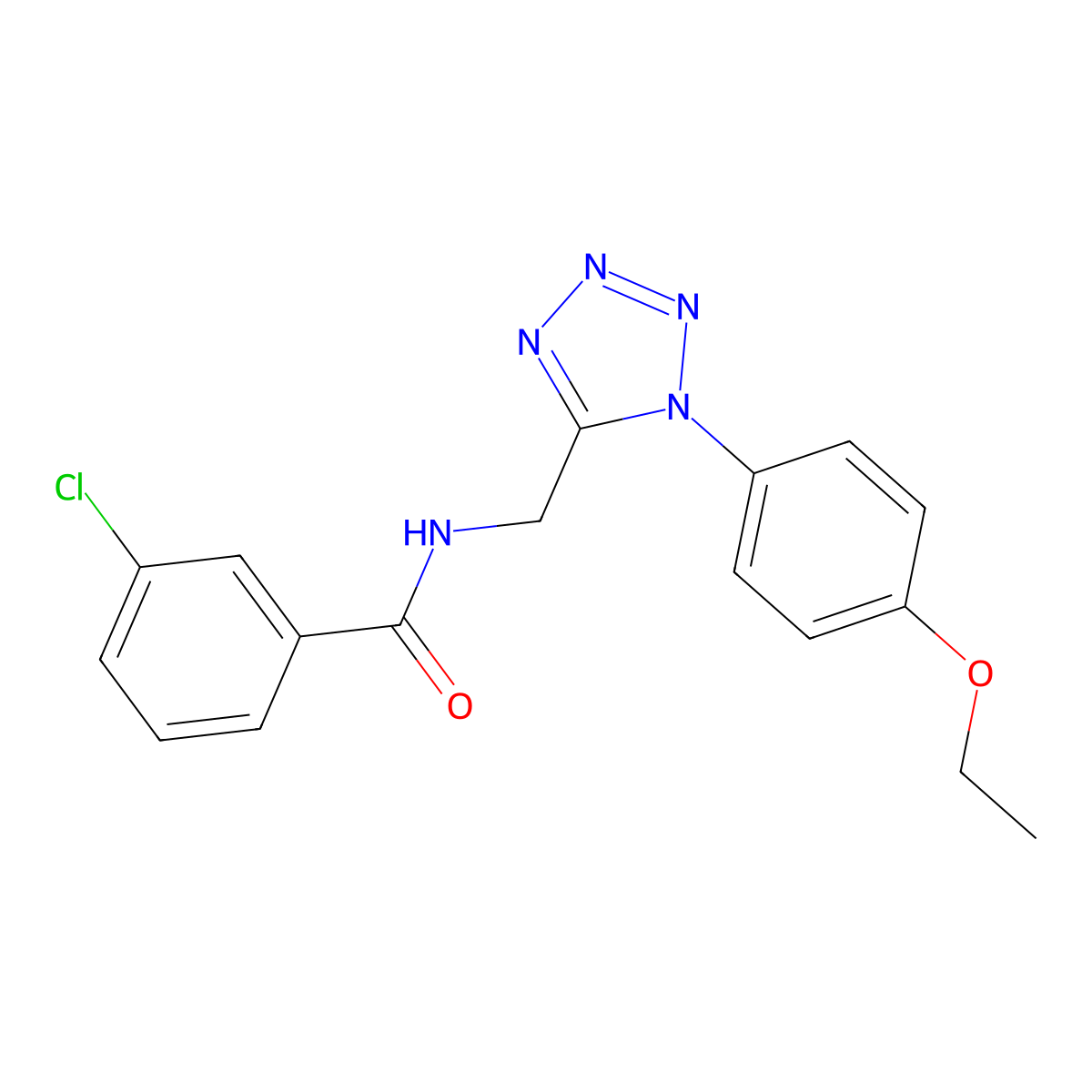 3-chloro-N-((1-(4-ethoxyphenyl)-1H-tetrazol-5-yl)methyl)benzamide molecular structure, CAS 1005292-26-1