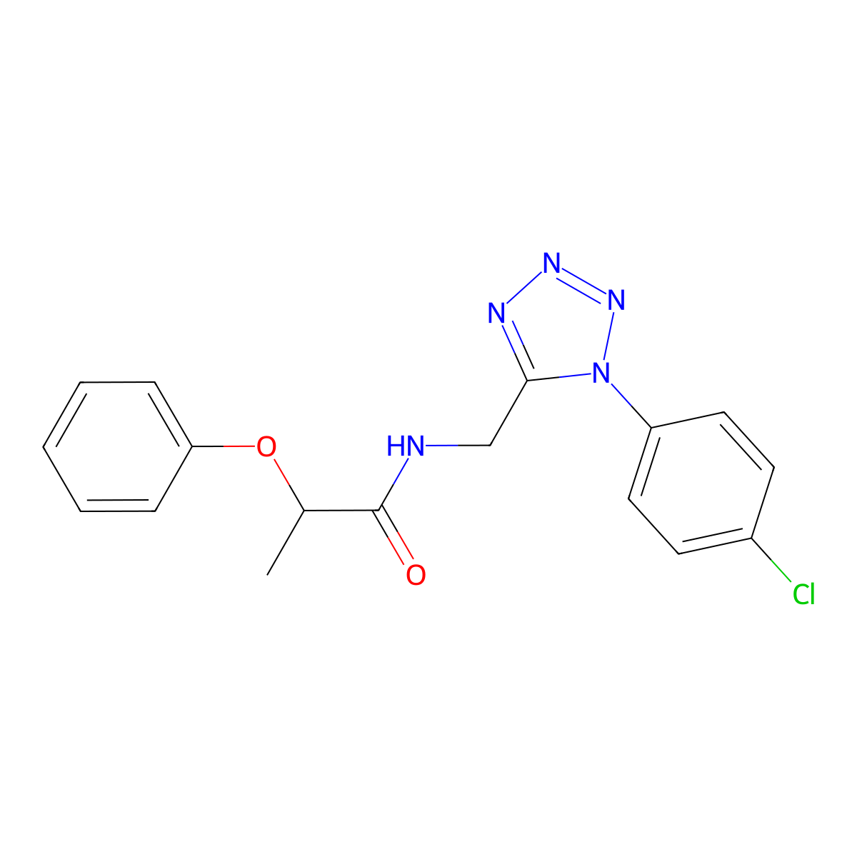 N-((1-(4-chlorophenyl)-1H-tetrazol-5-yl)methyl)-2-phenoxypropanamide molecular structure, CAS 1005292-59-0