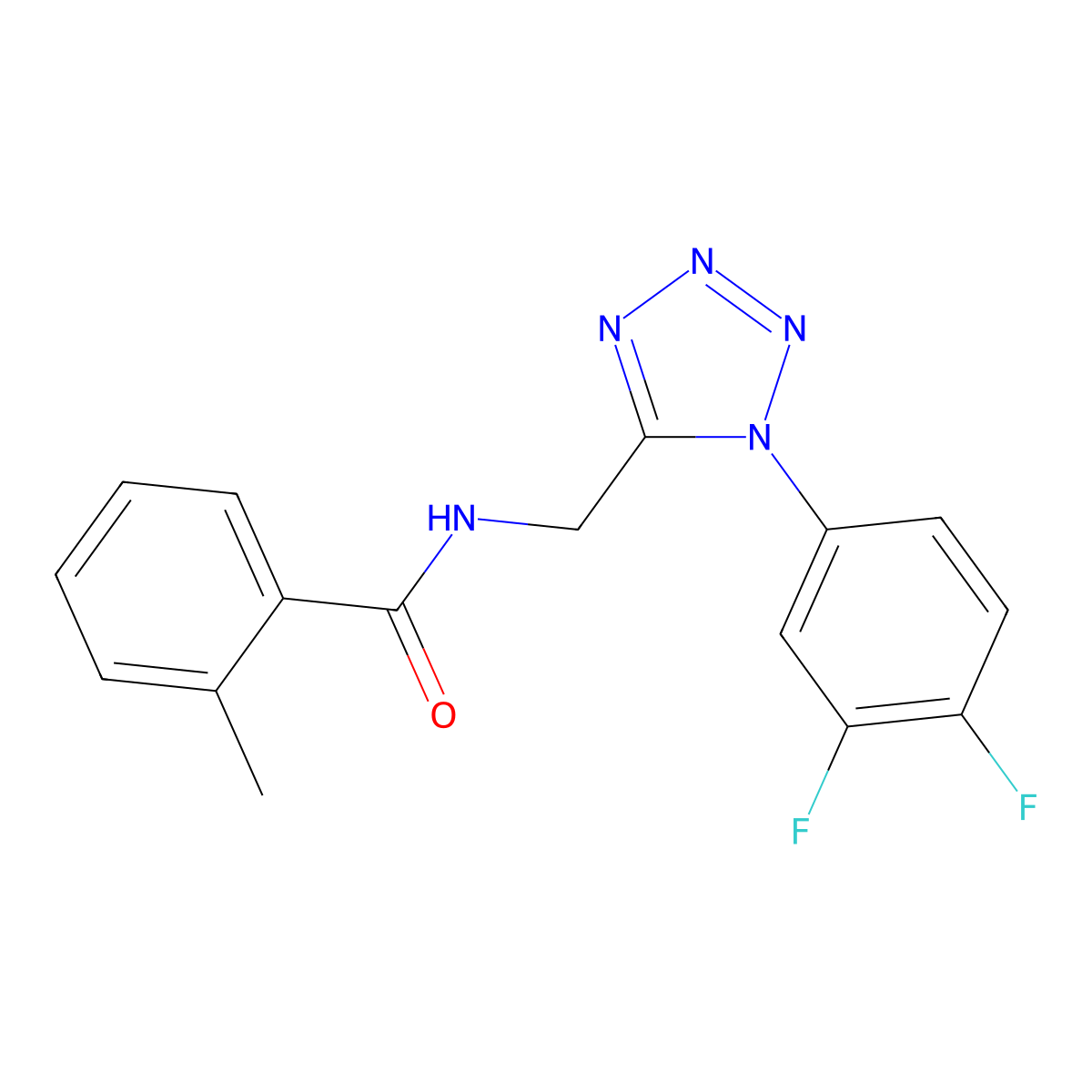 N-((1-(3,4-difluorophenyl)-1H-tetrazol-5-yl)methyl)-2-methylbenzamide molecular structure, CAS 1005292-65-8