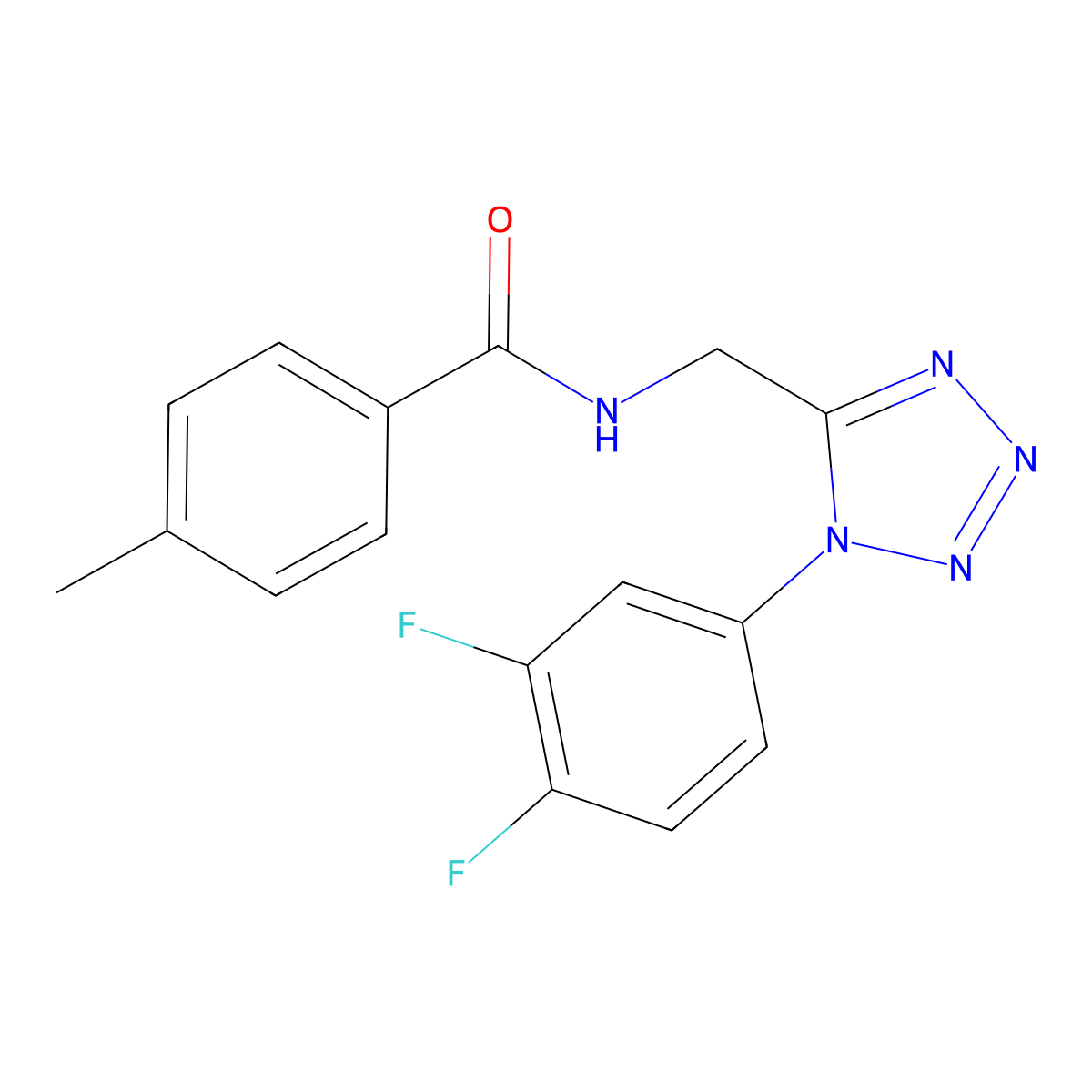 N-((1-(3,4-difluorophenyl)-1H-tetrazol-5-yl)methyl)-4-methylbenzamide molecular structure, CAS 1005292-67-0