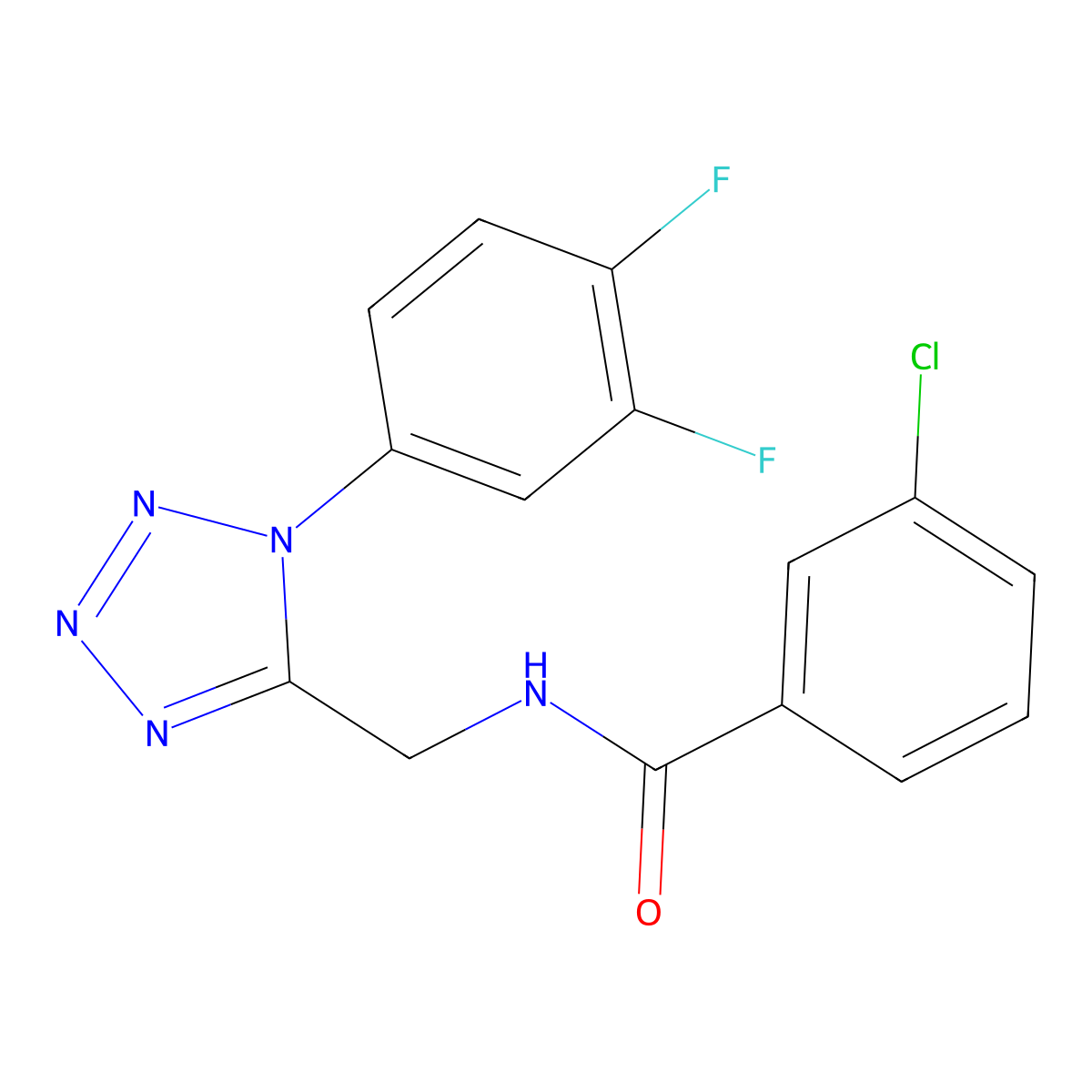 3-chloro-N-((1-(3,4-difluorophenyl)-1H-tetrazol-5-yl)methyl)benzamide molecular structure, CAS 1005292-79-4