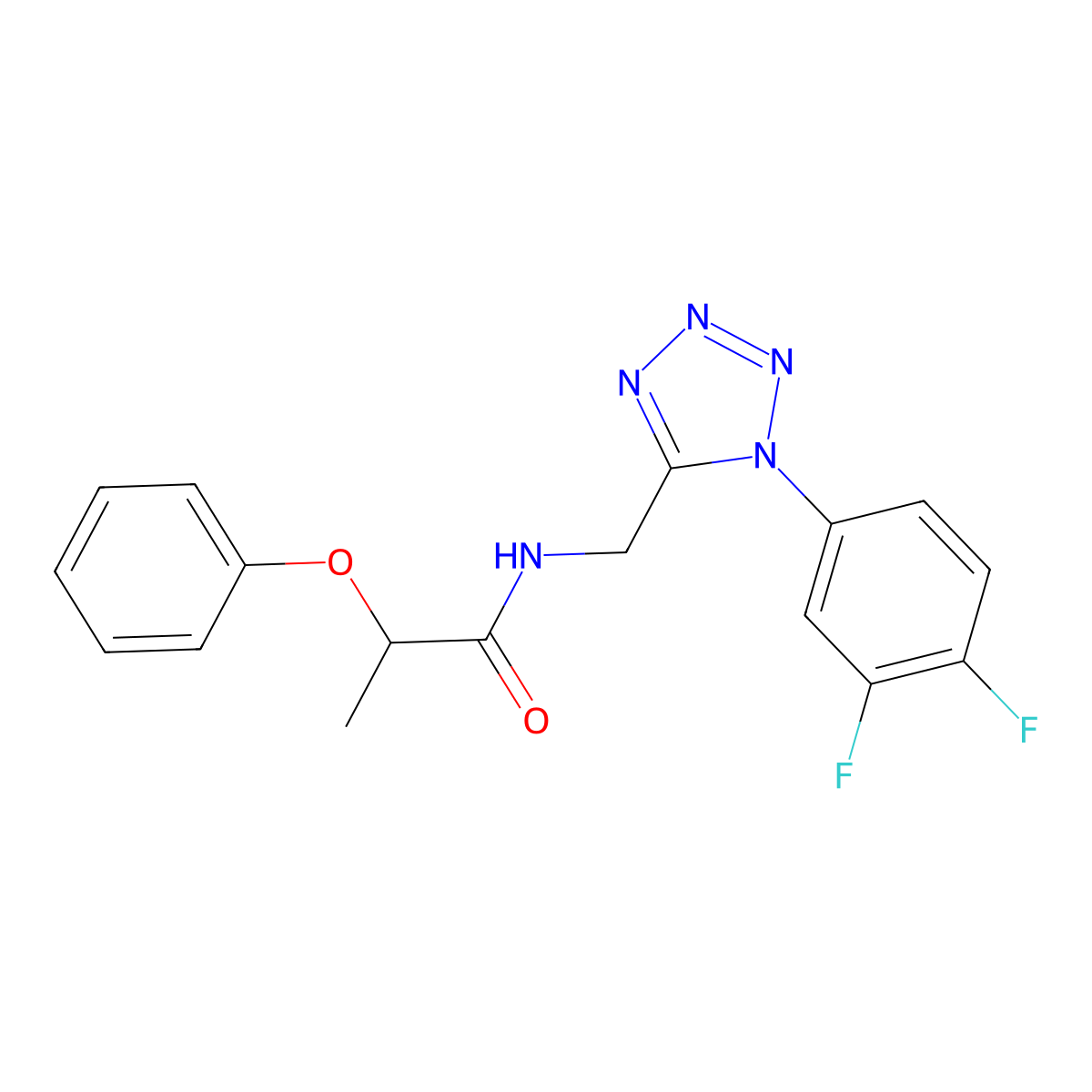 N-((1-(3,4-difluorophenyl)-1H-tetrazol-5-yl)methyl)-2-phenoxypropanamide molecular structure, CAS 1005292-85-2