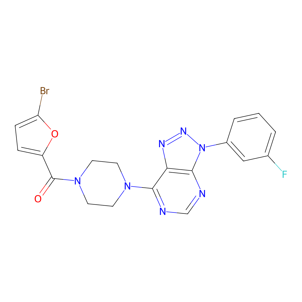 (5-bromofuran-2-yl)(4-(3-(3-fluorophenyl)-3H-[1,2,3]triazolo[4,5-d]pyrimidin-7-yl)piperazin-1-yl)methanone molecular structure, CAS 1005293-08-2