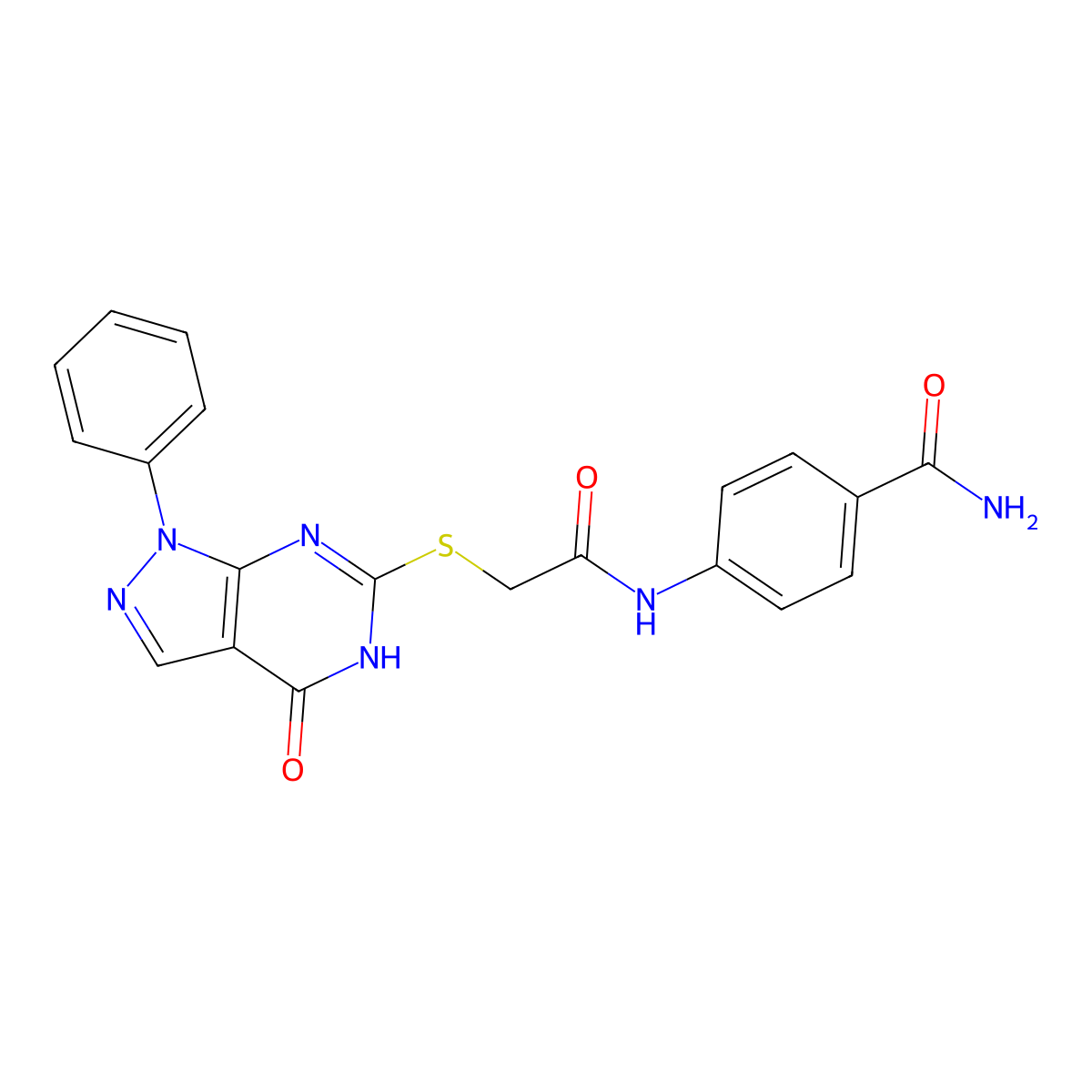 4-({[(4-oxo-1-phenyl-4,5-dihydro-1H-pyrazolo[3,4-d]pyrimidin-6-yl)thio]acetyl}amino)benzamide molecular structure, CAS 1005293-48-0