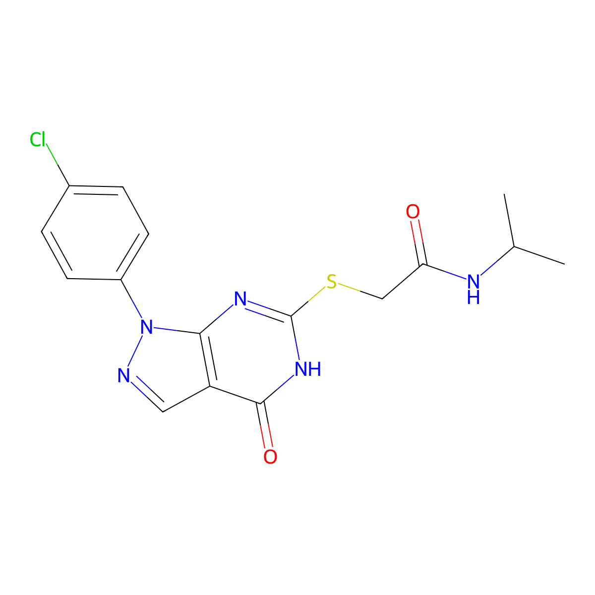 2-((1-(4-chlorophenyl)-4-oxo-4,5-dihydro-1H-pyrazolo[3,4-d]pyrimidin-6-yl)thio)-N-isopropylacetamide molecular structure, CAS 1005293-57-1