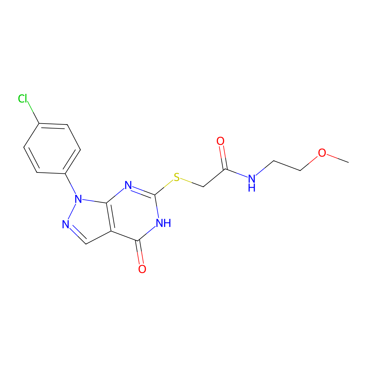 2-((1-(4-chlorophenyl)-4-oxo-4,5-dihydro-1H-pyrazolo[3,4-d]pyrimidin-6-yl)thio)-N-(2-methoxyethyl)acetamide molecular structure, CAS 1005293-60-6